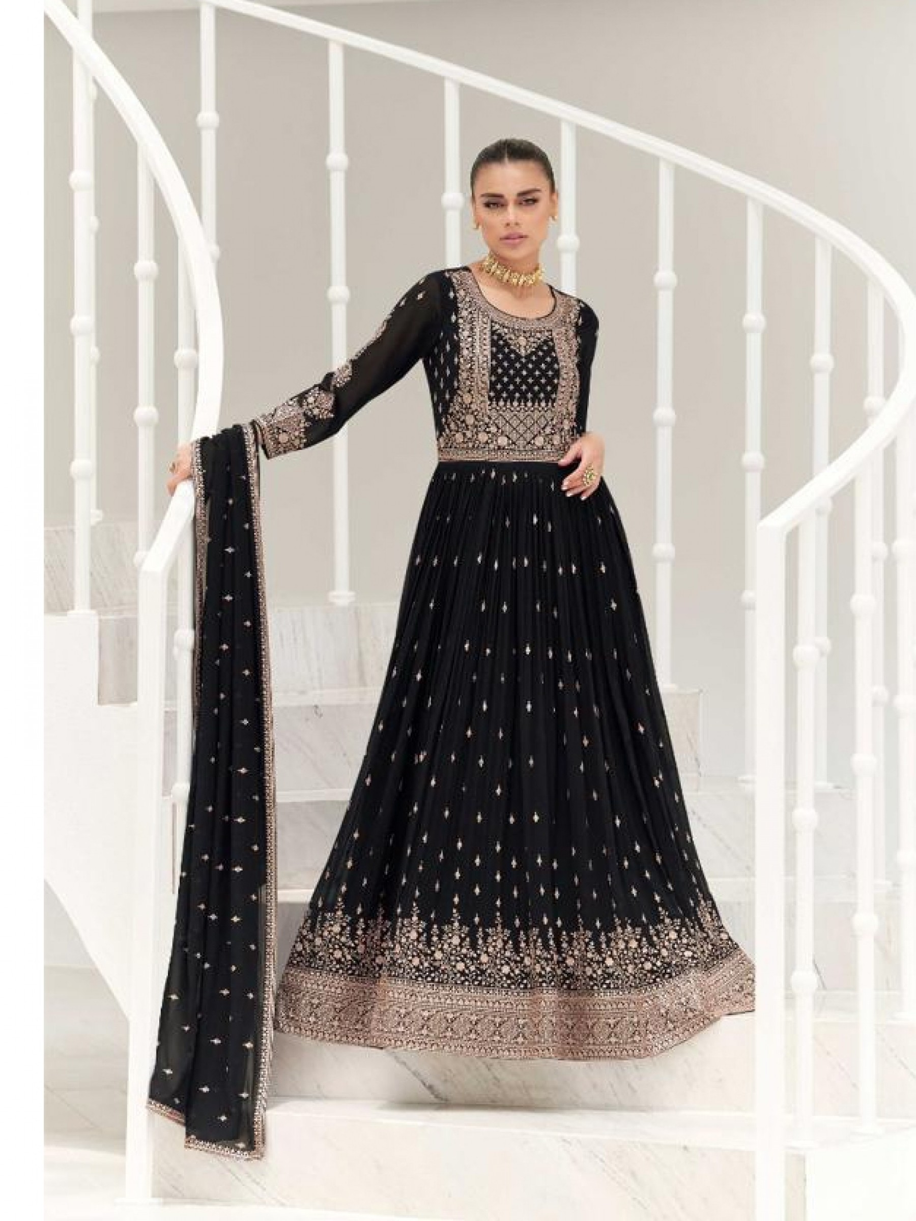 Georgette  Party Wear Gown Black Color with  Embroidery Work