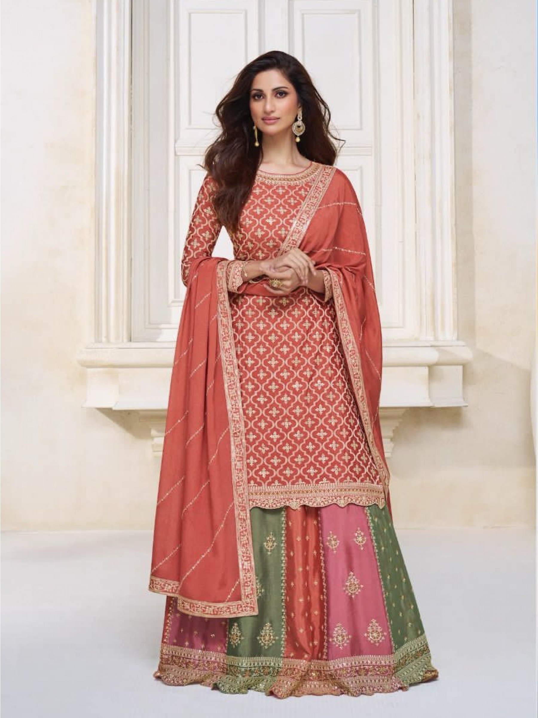 Premium Chinon Silk  Party Wear Sharara In Red  With Embroidery Work 