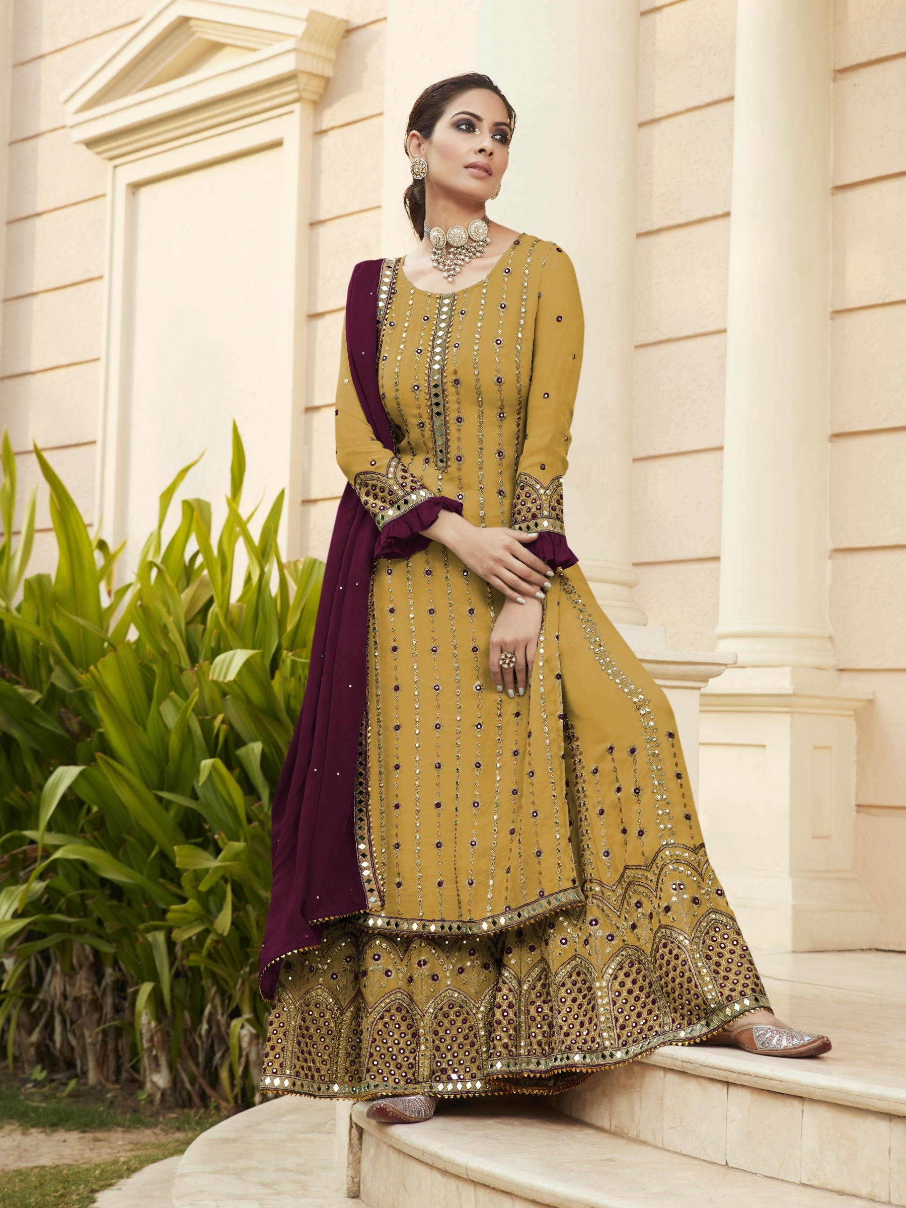  Pure Georgette Party Wear  Readymade Sarara in Mustard Color with  Embroidery Work