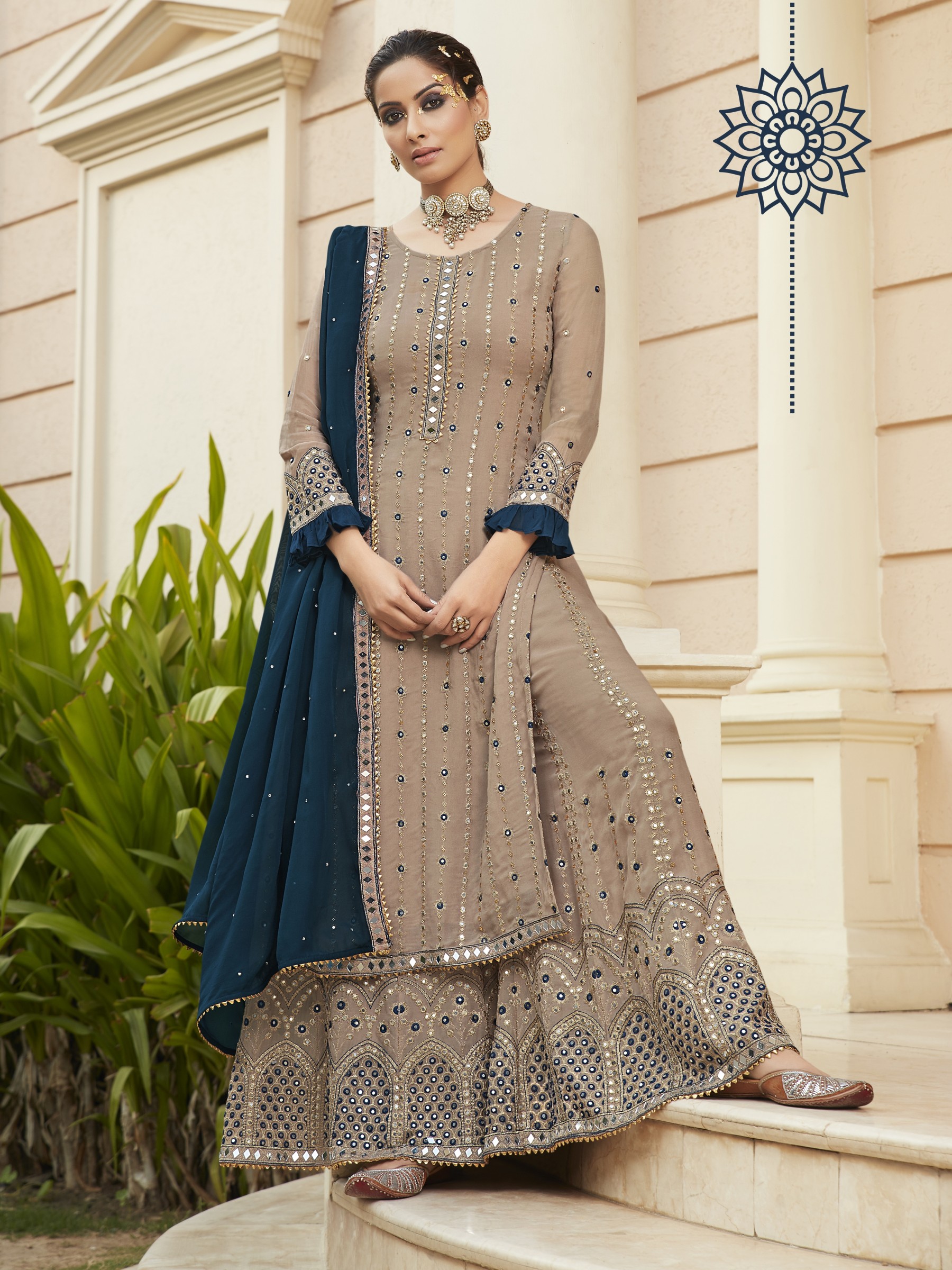  Pure Georgette Party Wear  Readymade  Sarara in Beige Color with  Embroidery Work