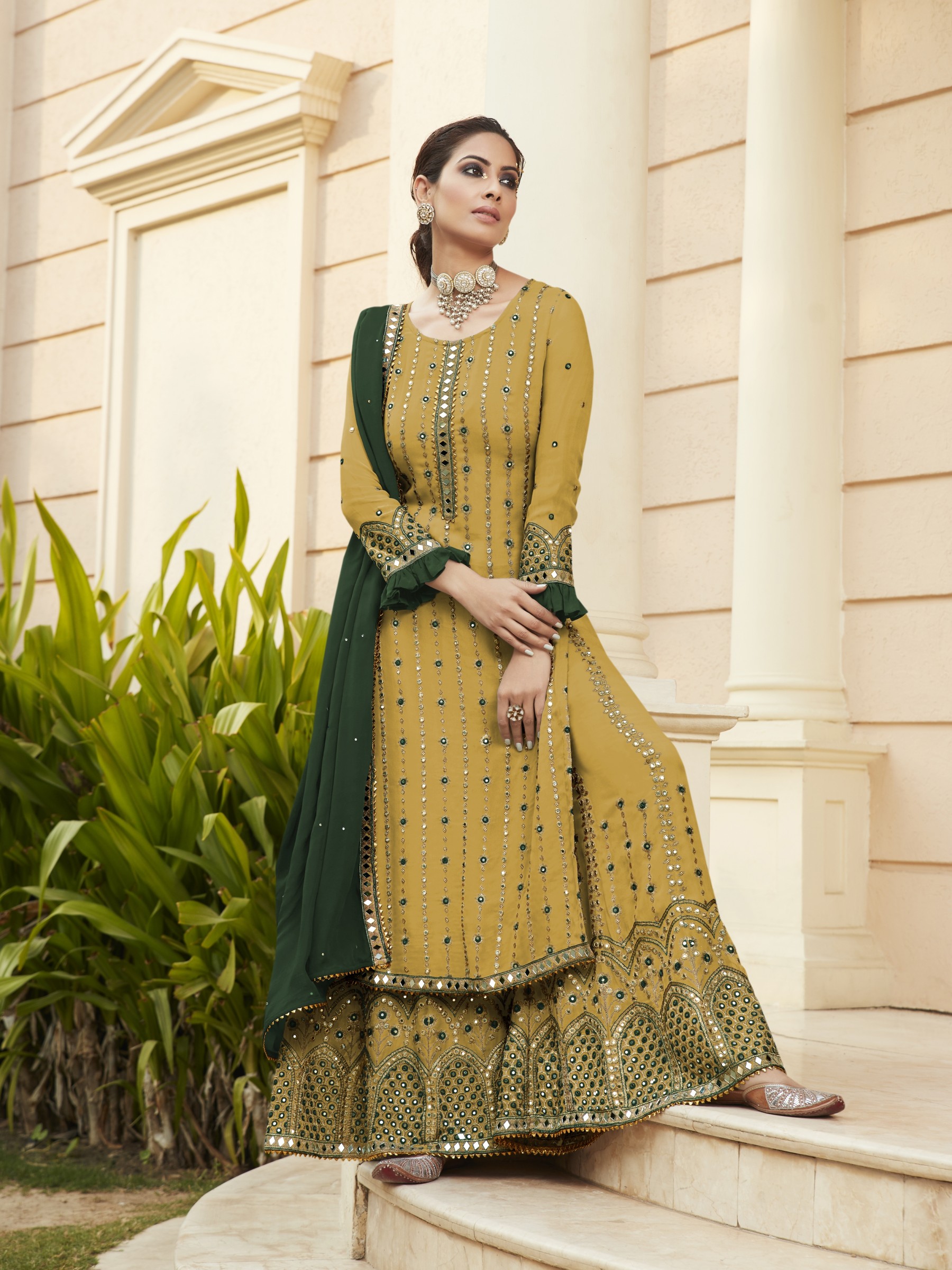  Pure Georgette Party Wear Readymade Sarara in Mustard Color with  Embroidery Work