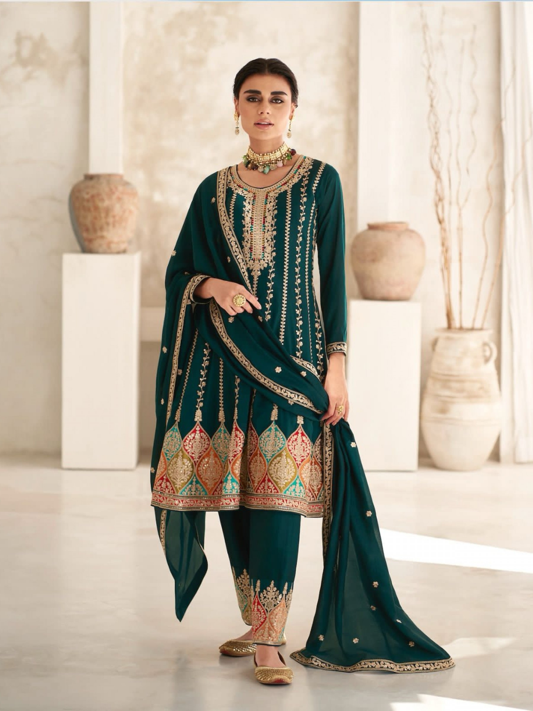 PREMIUM SILK  Silk Party Wear Suit in Teal Green Color with Embroidery Work