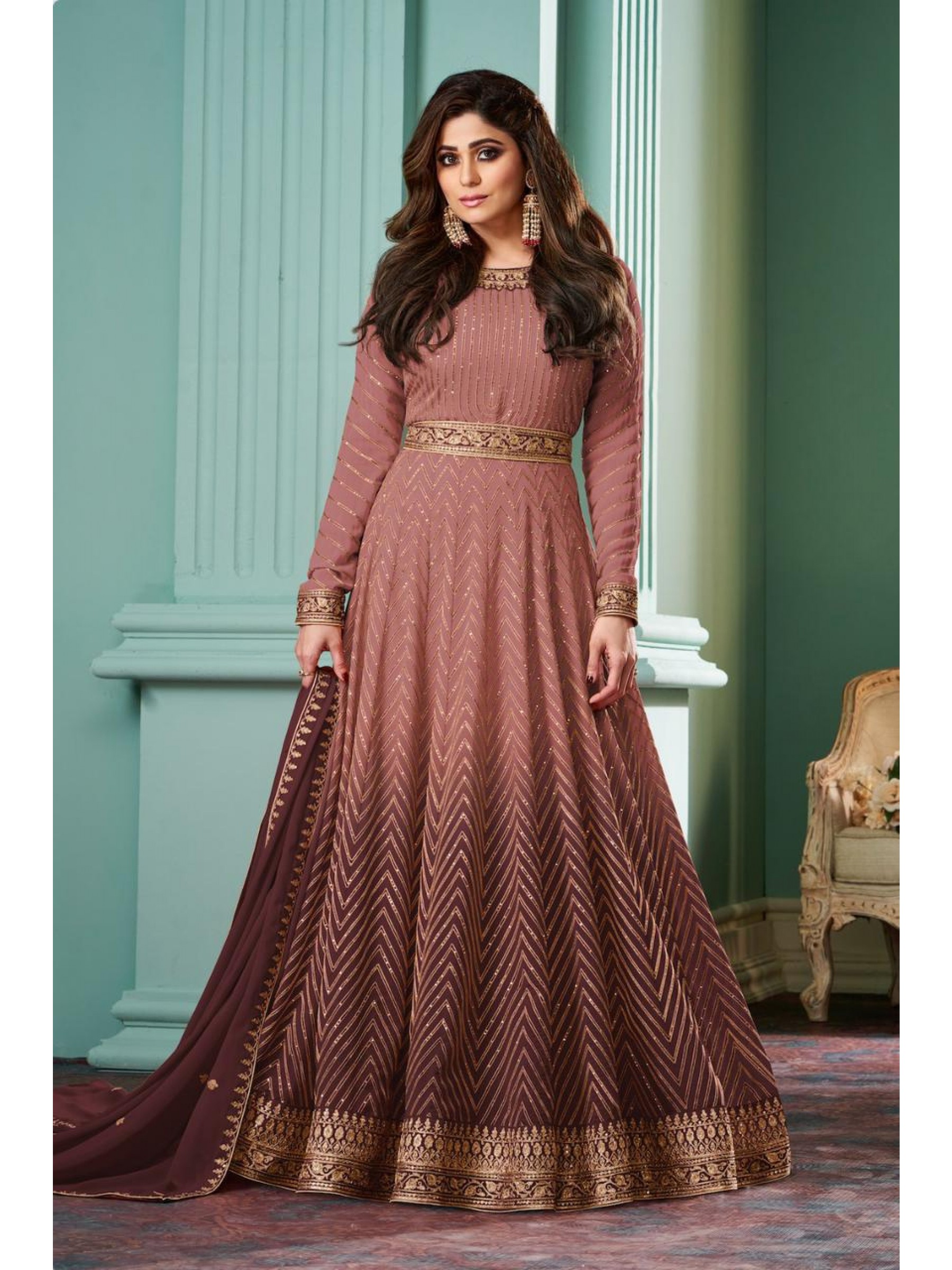 Georgette  Party Wear Gown Brown Color with  Embroidery Work