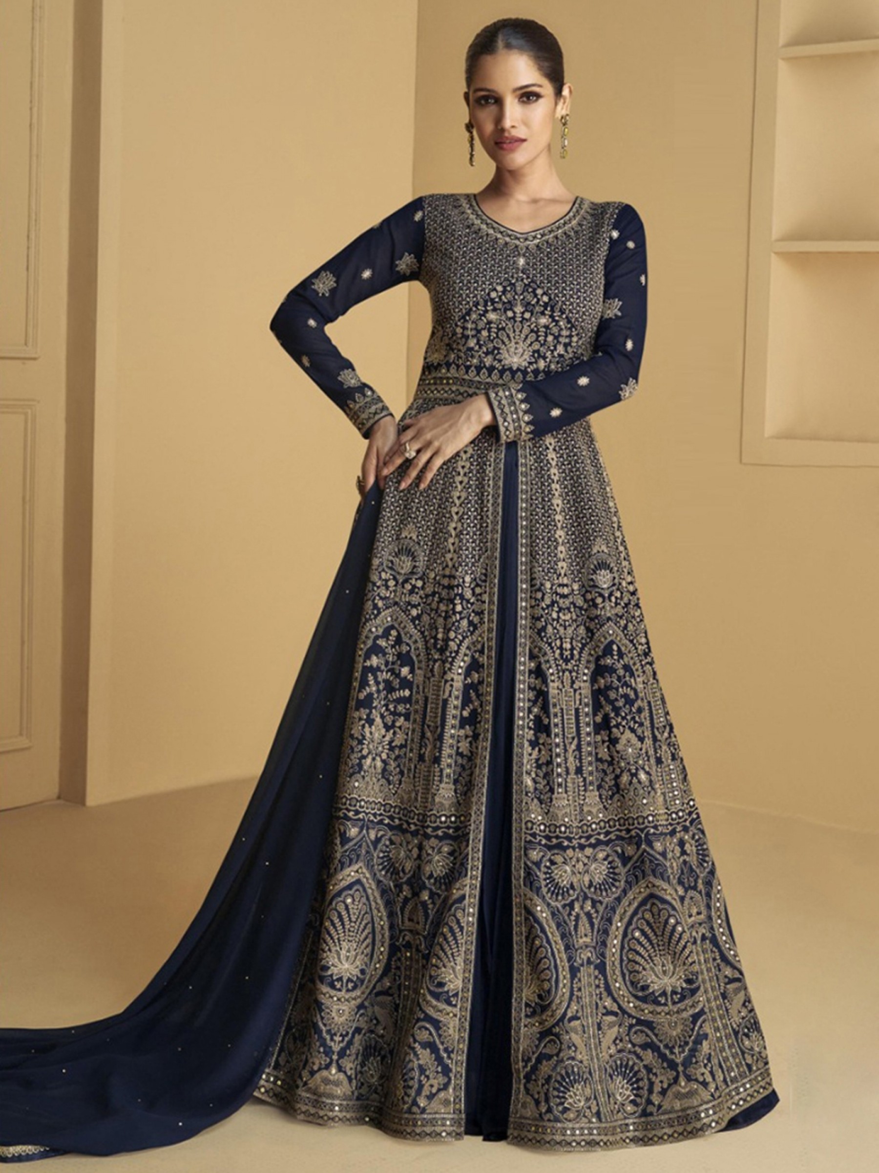 Real Georgette Silk Party Wear Gown Navy Blue Color with Embroidery Work