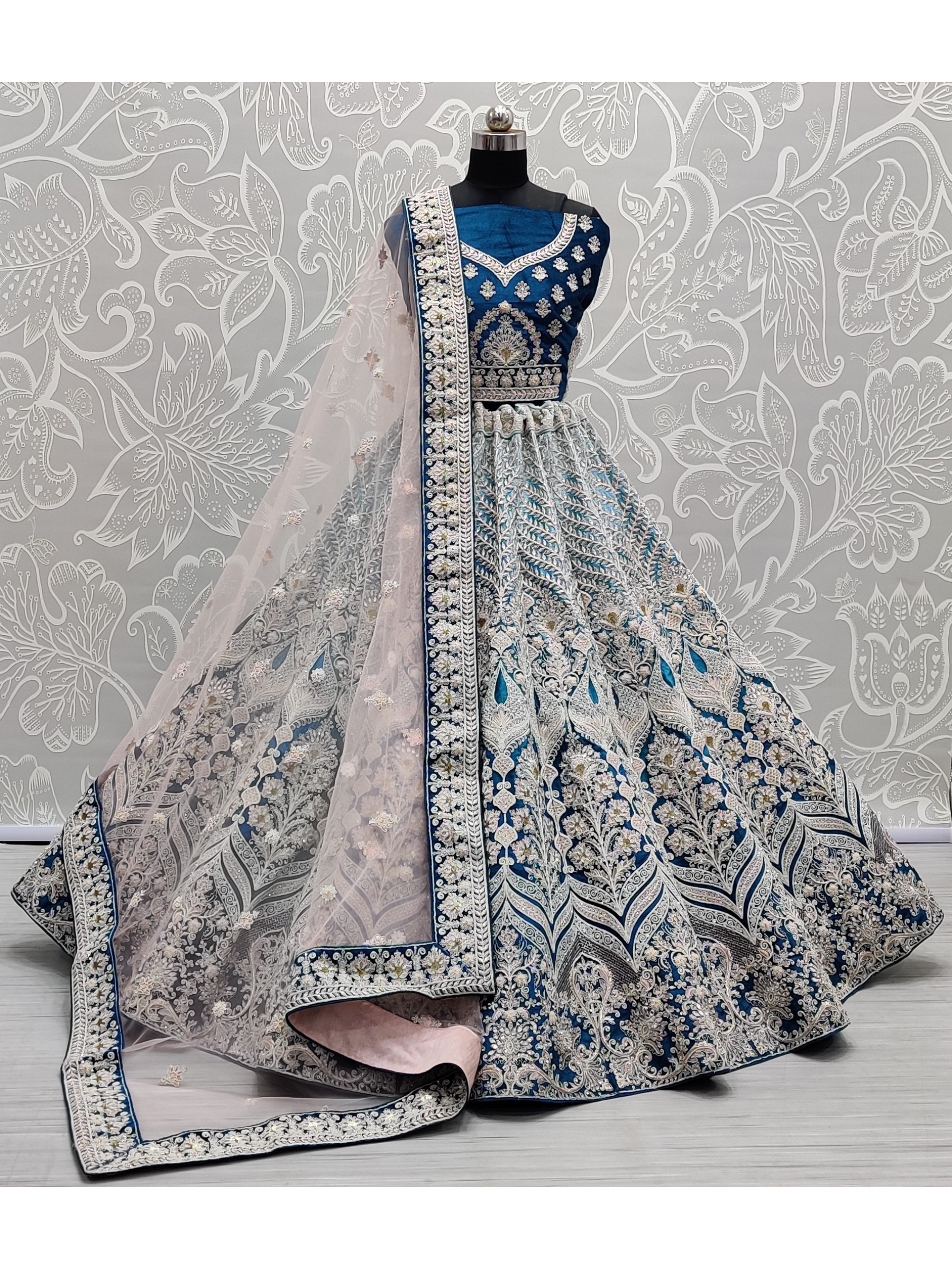 Pure Micro Velvet Bridal  Wear Lehenga In Teal Blue With Embroidery Work 