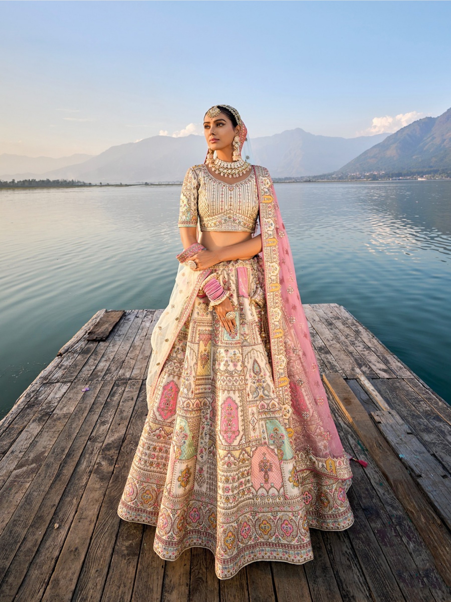 Pure Silk Bridal Lehenga in Cream Color With Embroidery work