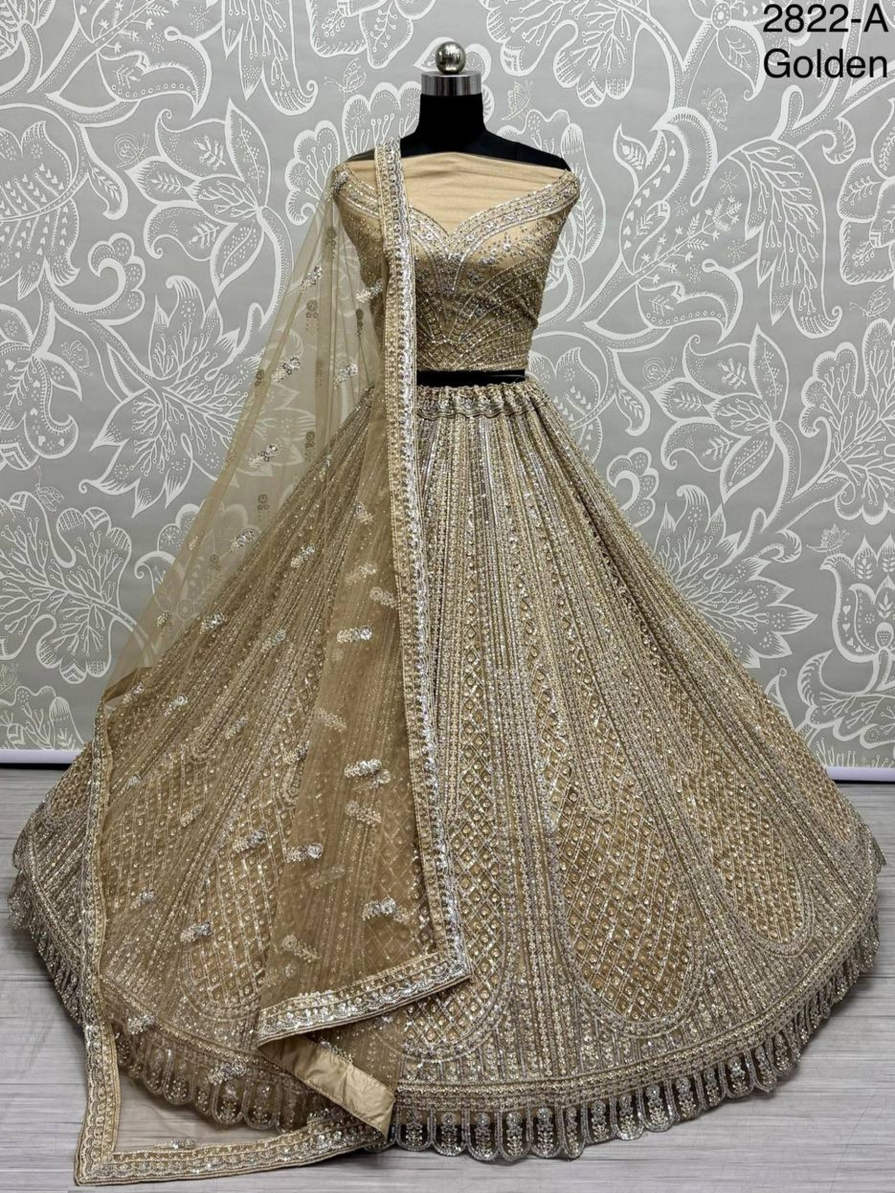Soft Premium net  Wedding Wear Lehenga In Golden Color With Embroidery Work