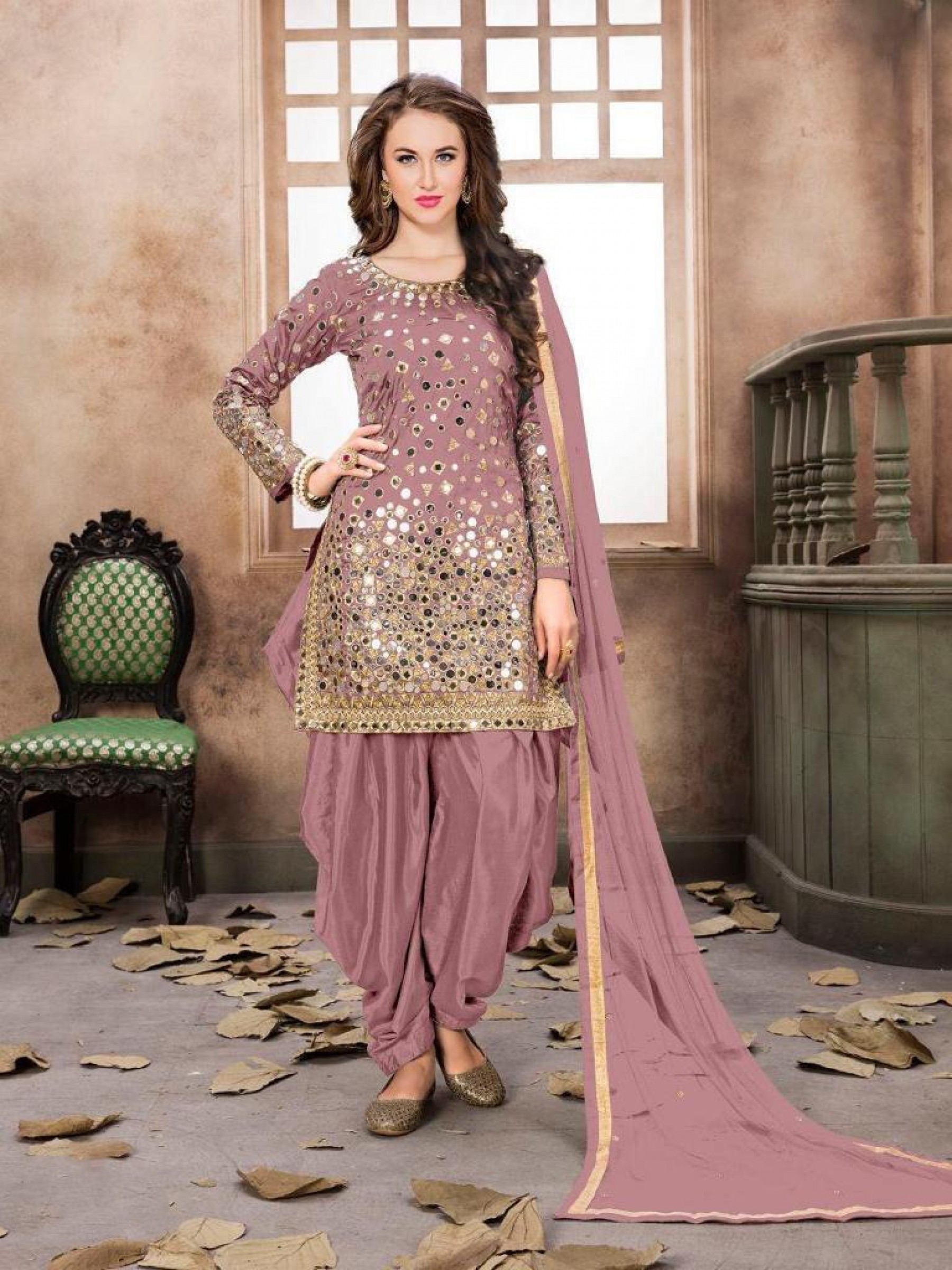 Satin Silk Party Wear Readymade Salwar Suit In Pink Embroidered Work,Stone ,Mirror work