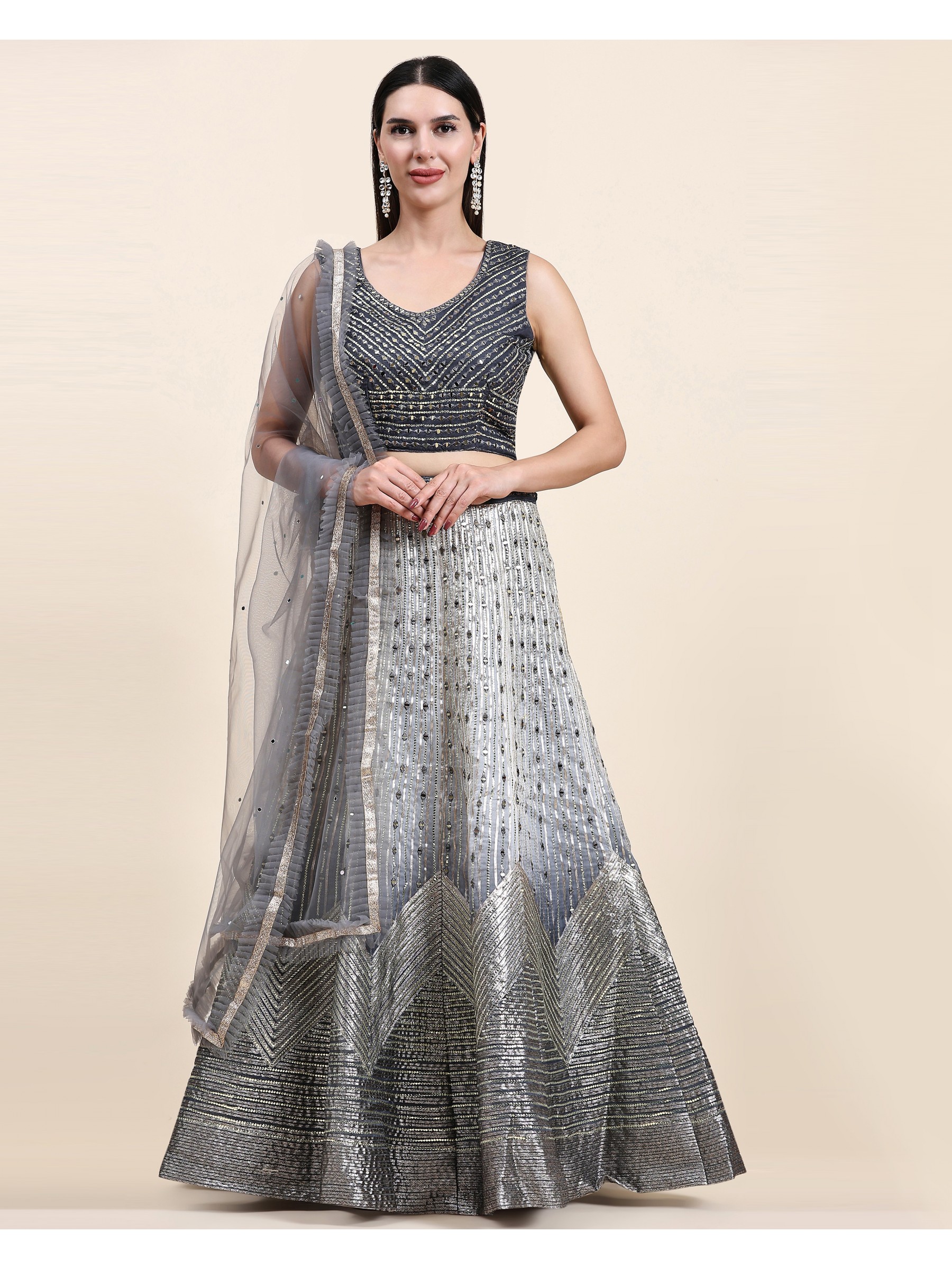 Organza Silk  Fabrics Party Wear Lehenga in Grey Color With Embroidery  