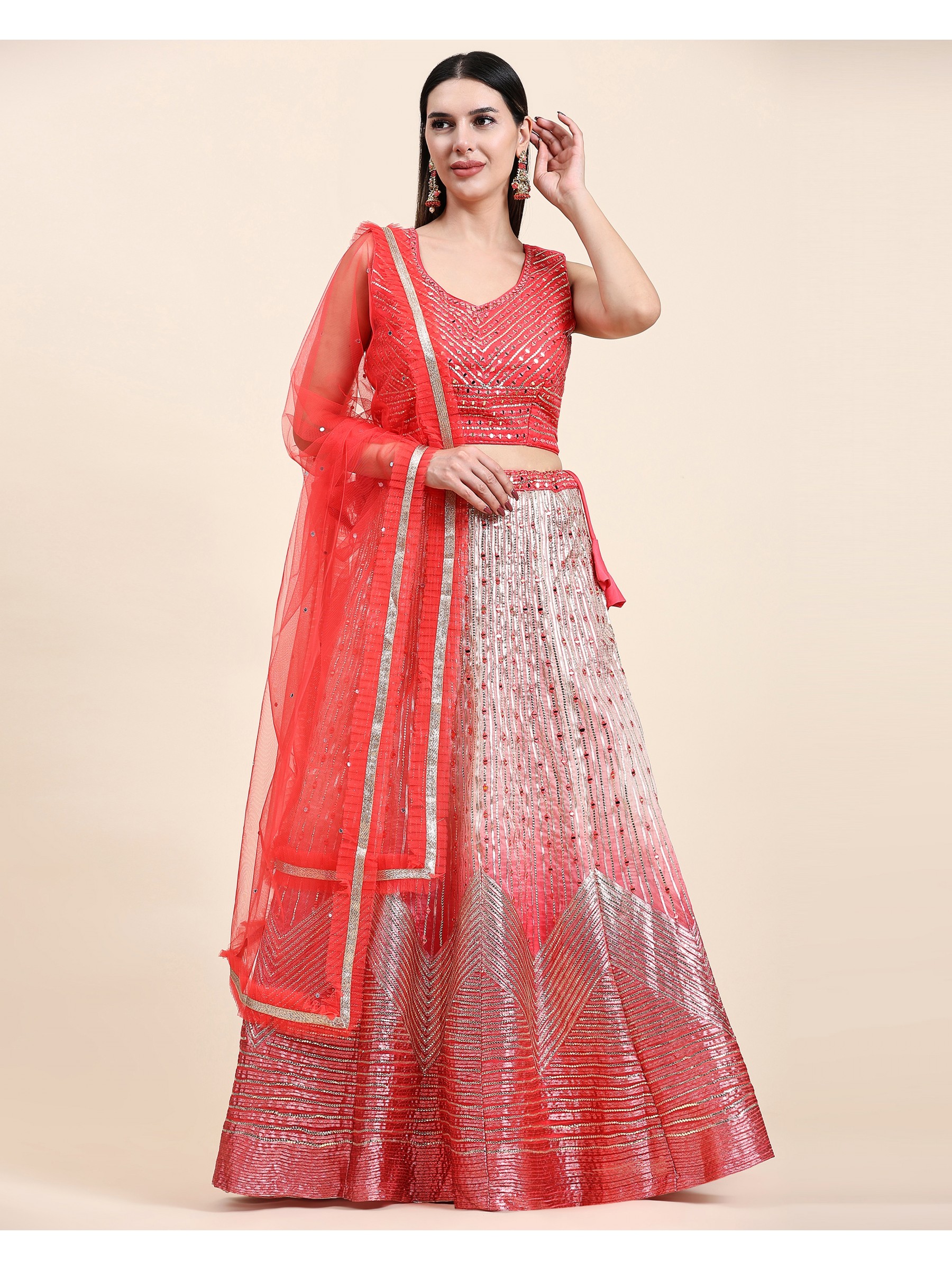Organza Silk  Fabrics Party Wear Lehenga in Red Color With Embroidery  