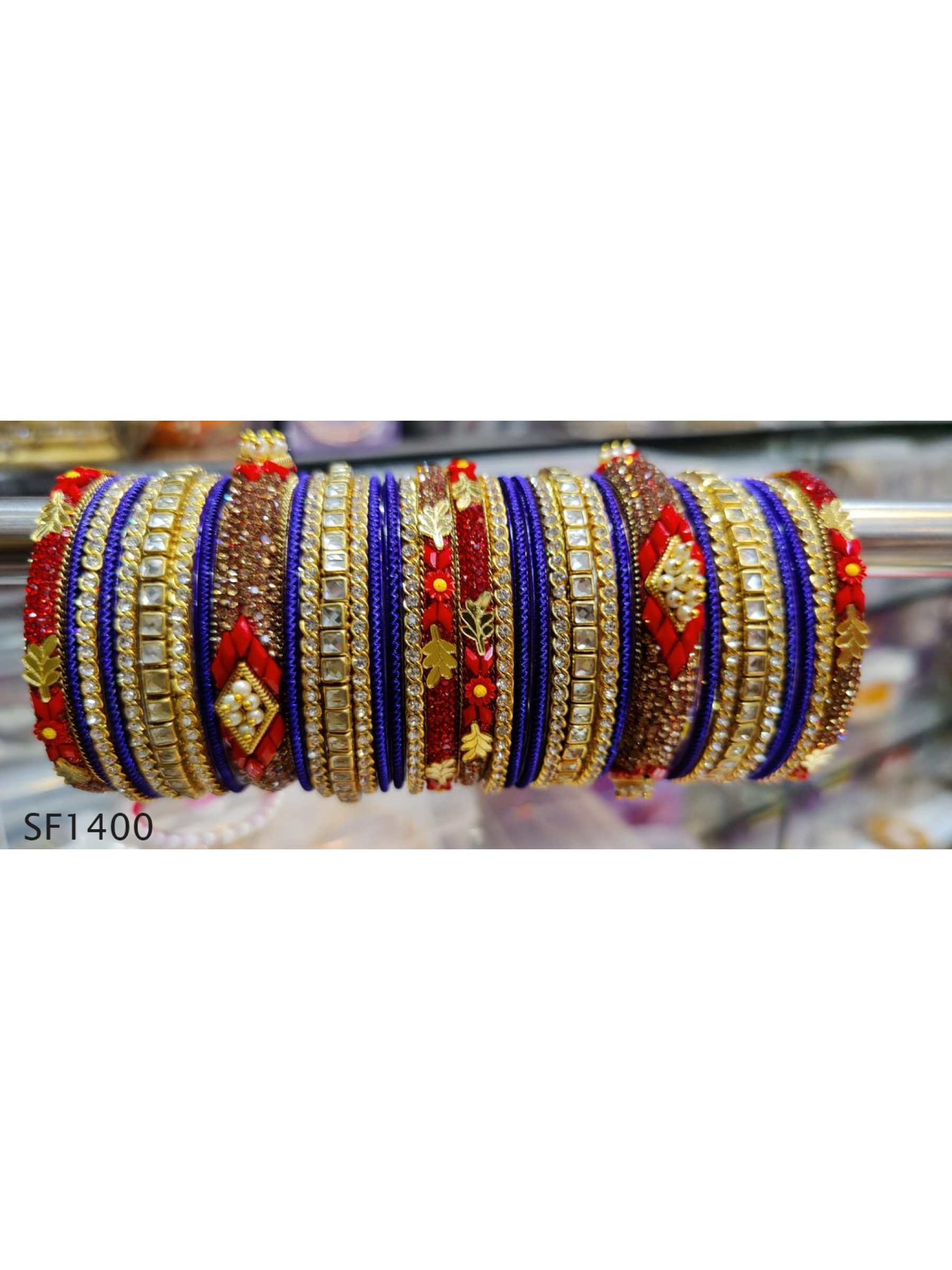 Golden Color Bridal Bangles with Blue & Red Diamond And Pearl
