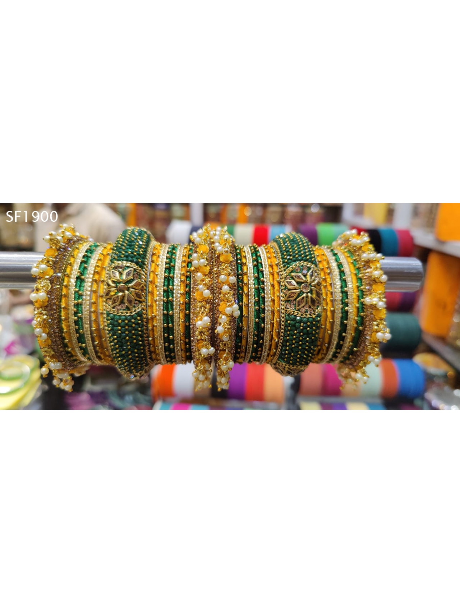 Green & Yellow Color  Bangles With White Diamond And Pearl