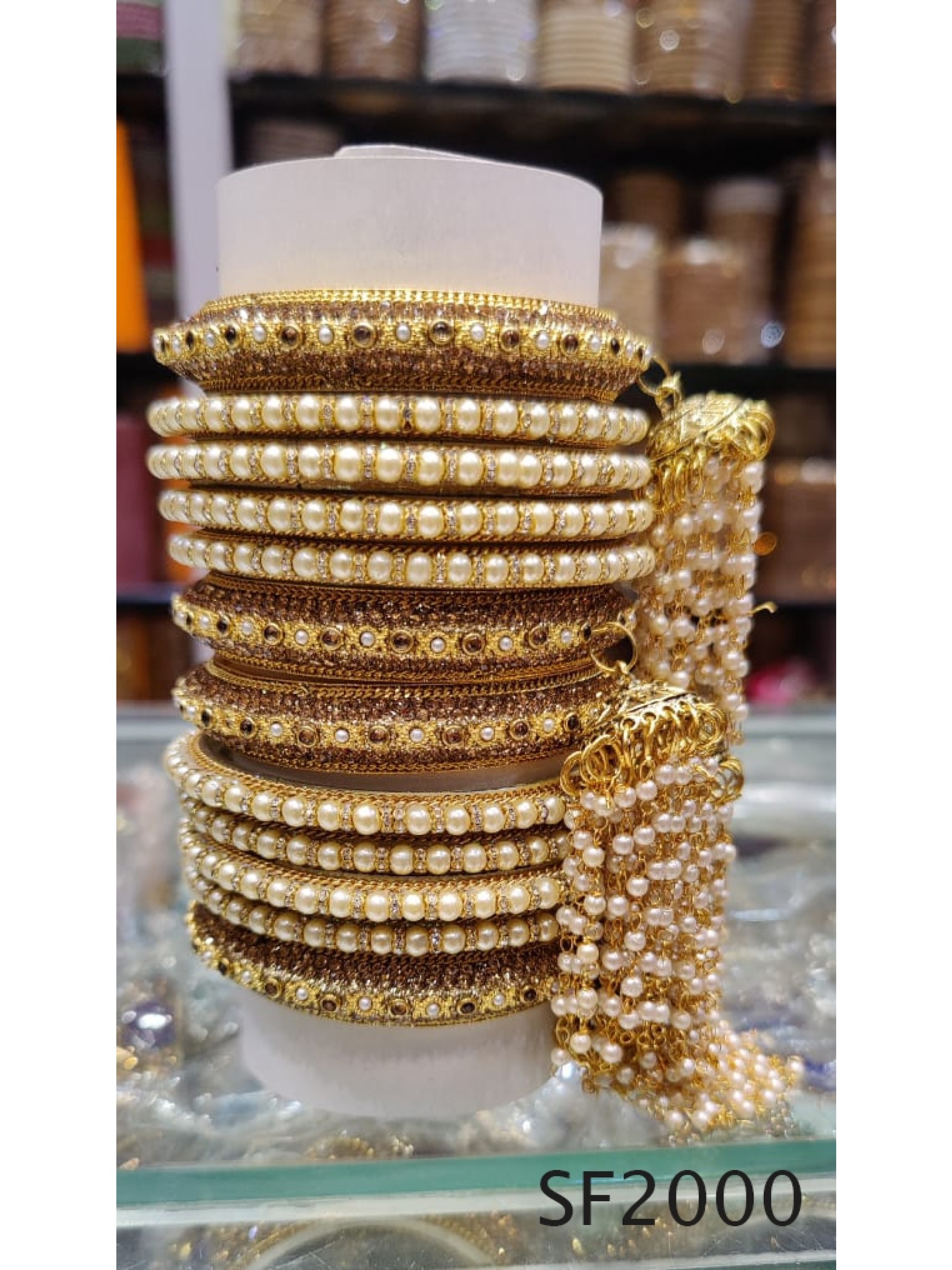 Golden Color  Bangles With White Diamond And Pearl