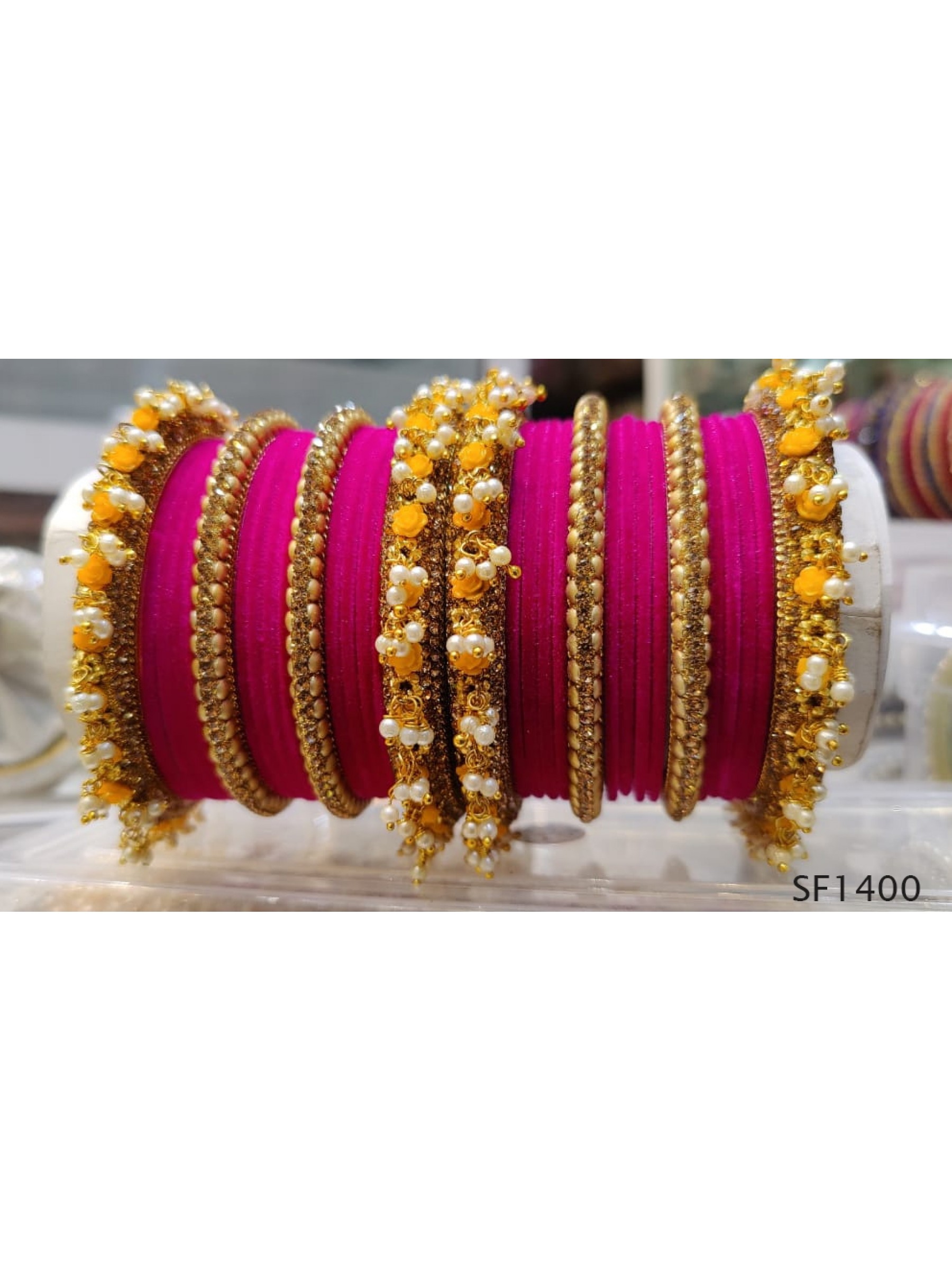 Golden & Pink Color  Bangles With White Diamond And Pearl