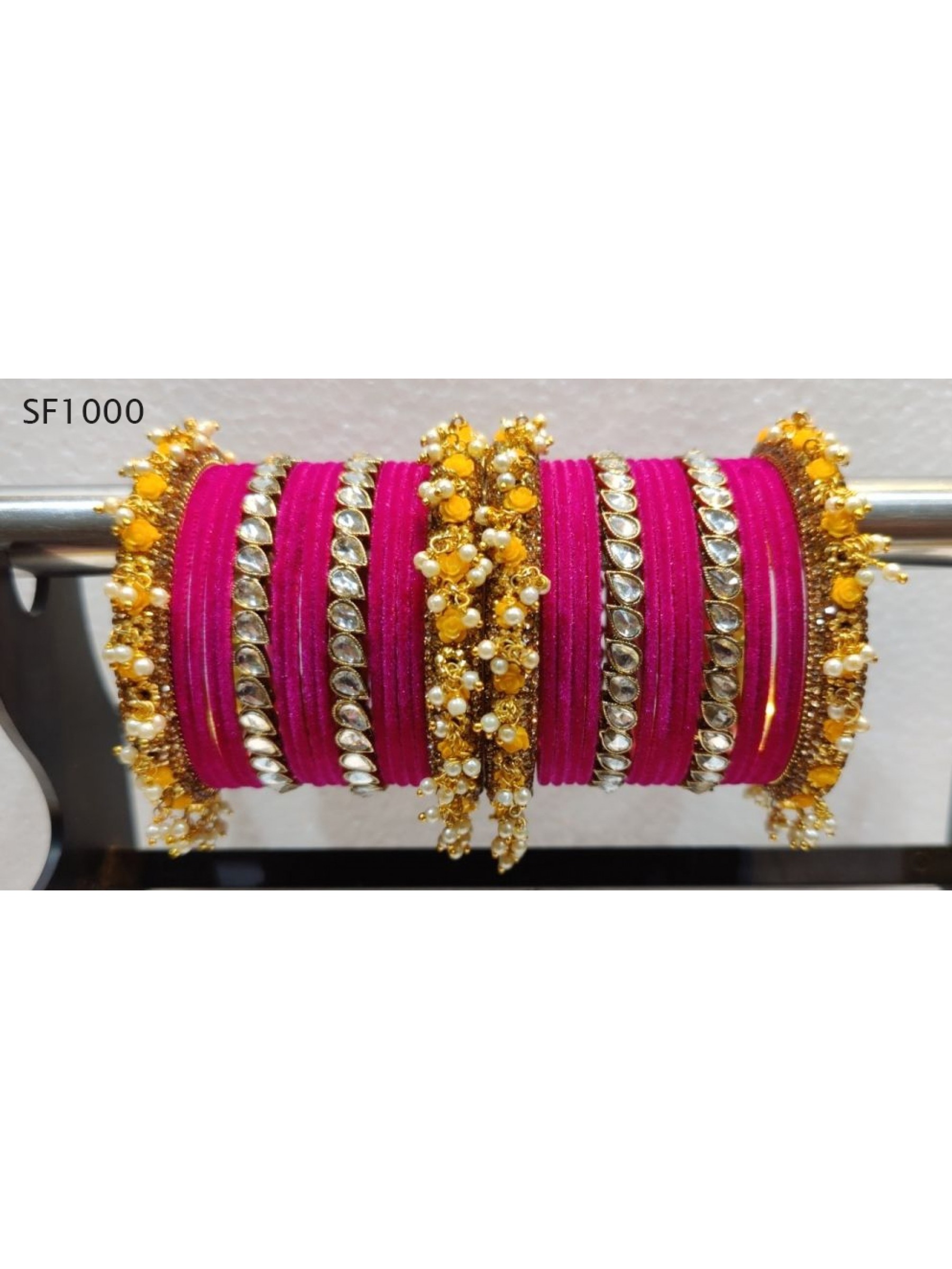 Yellow & Pink Color  Bangles With White Diamond