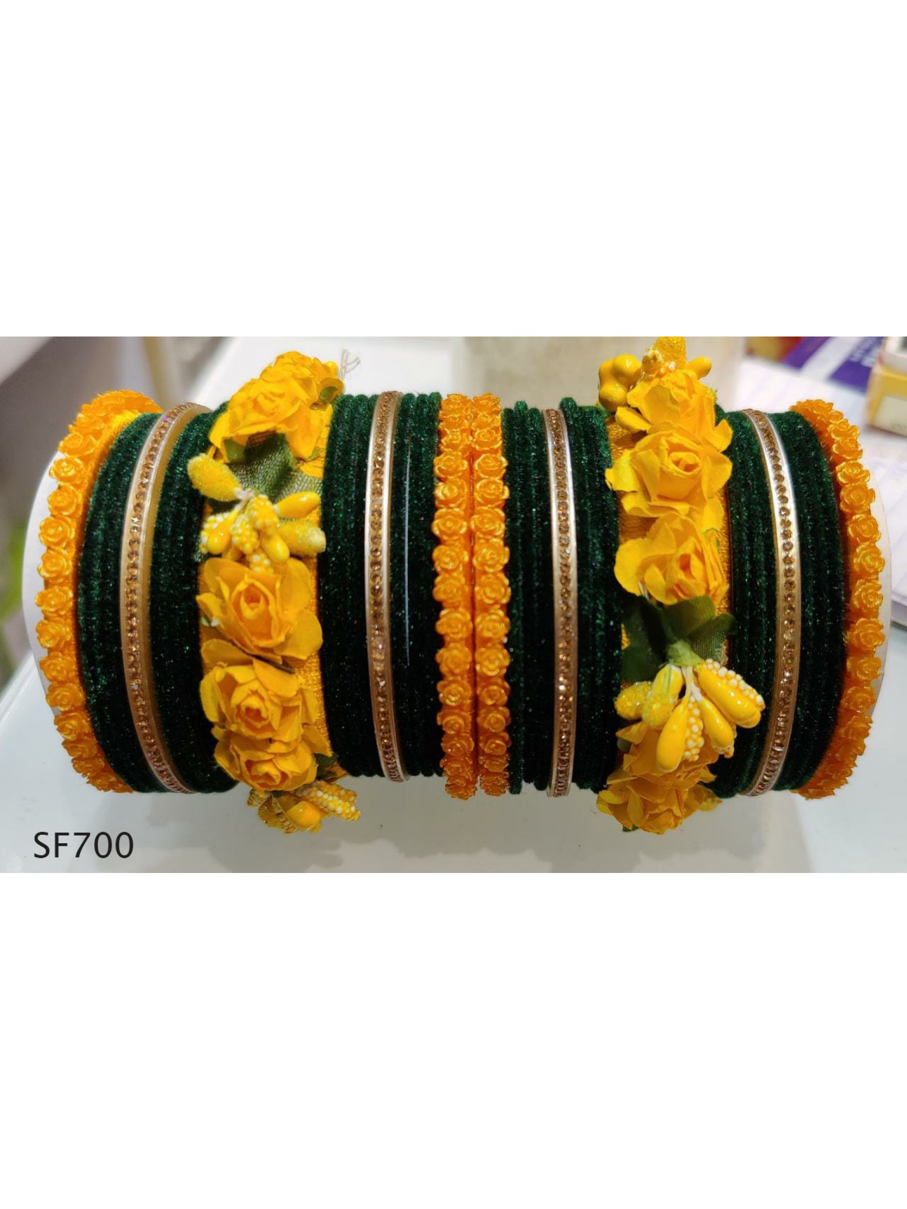 Green & Yellow Color Bangles With White Diamond