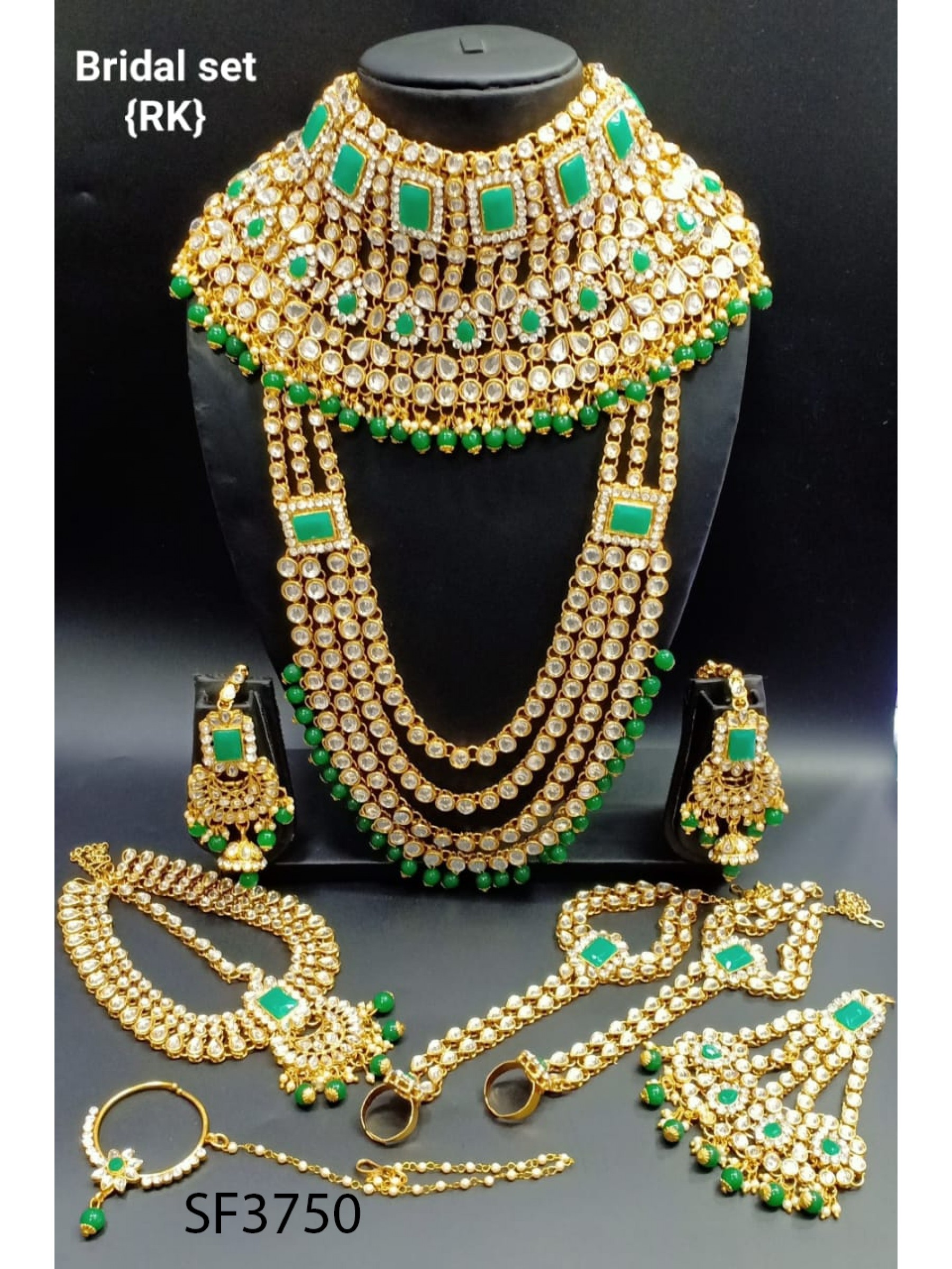 Golden Color Bridal Set  With White & Green Diamond 