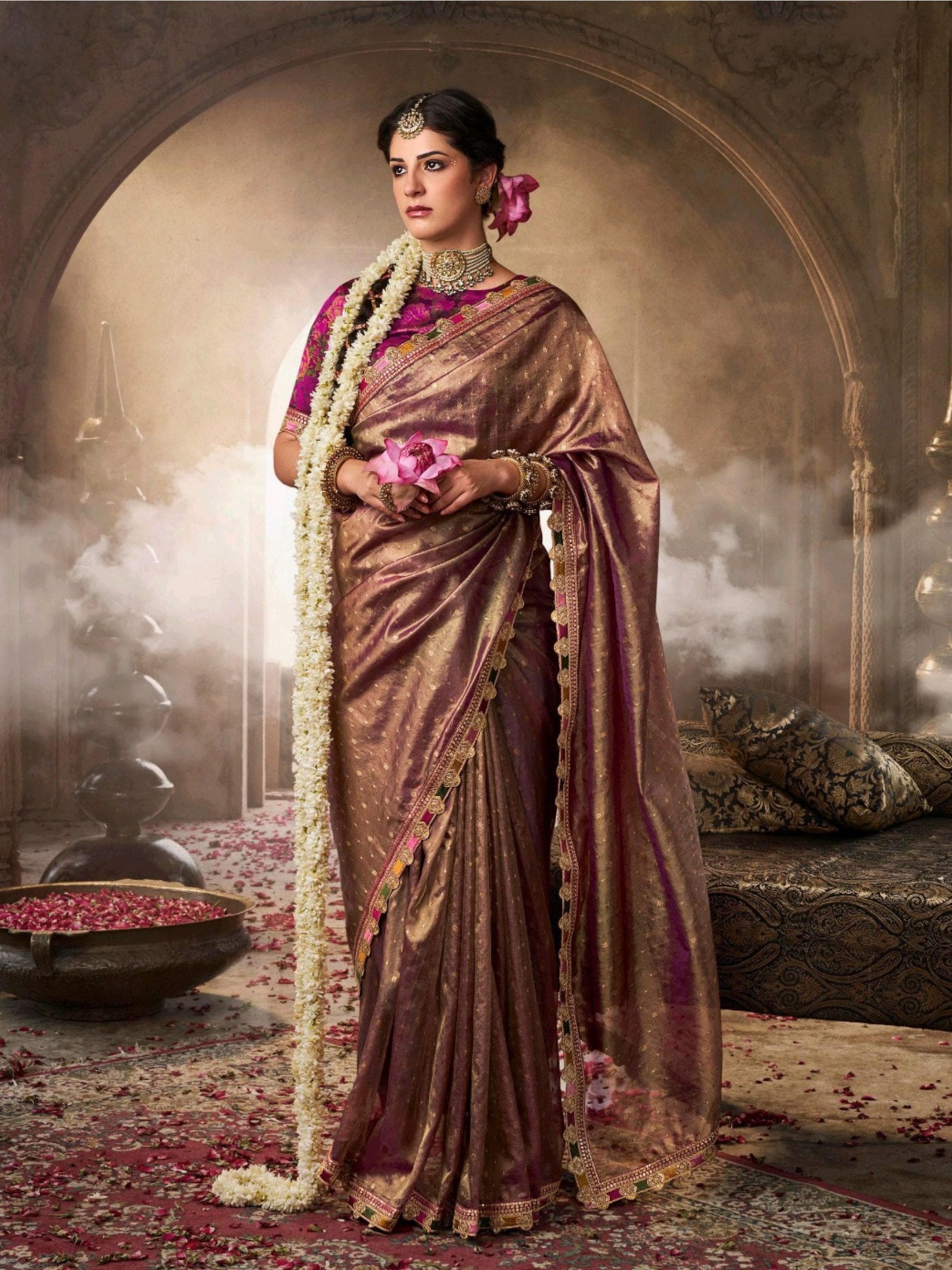 Pure Tissue Silk Party wear Saree In Brown Color with Embroidery Work 