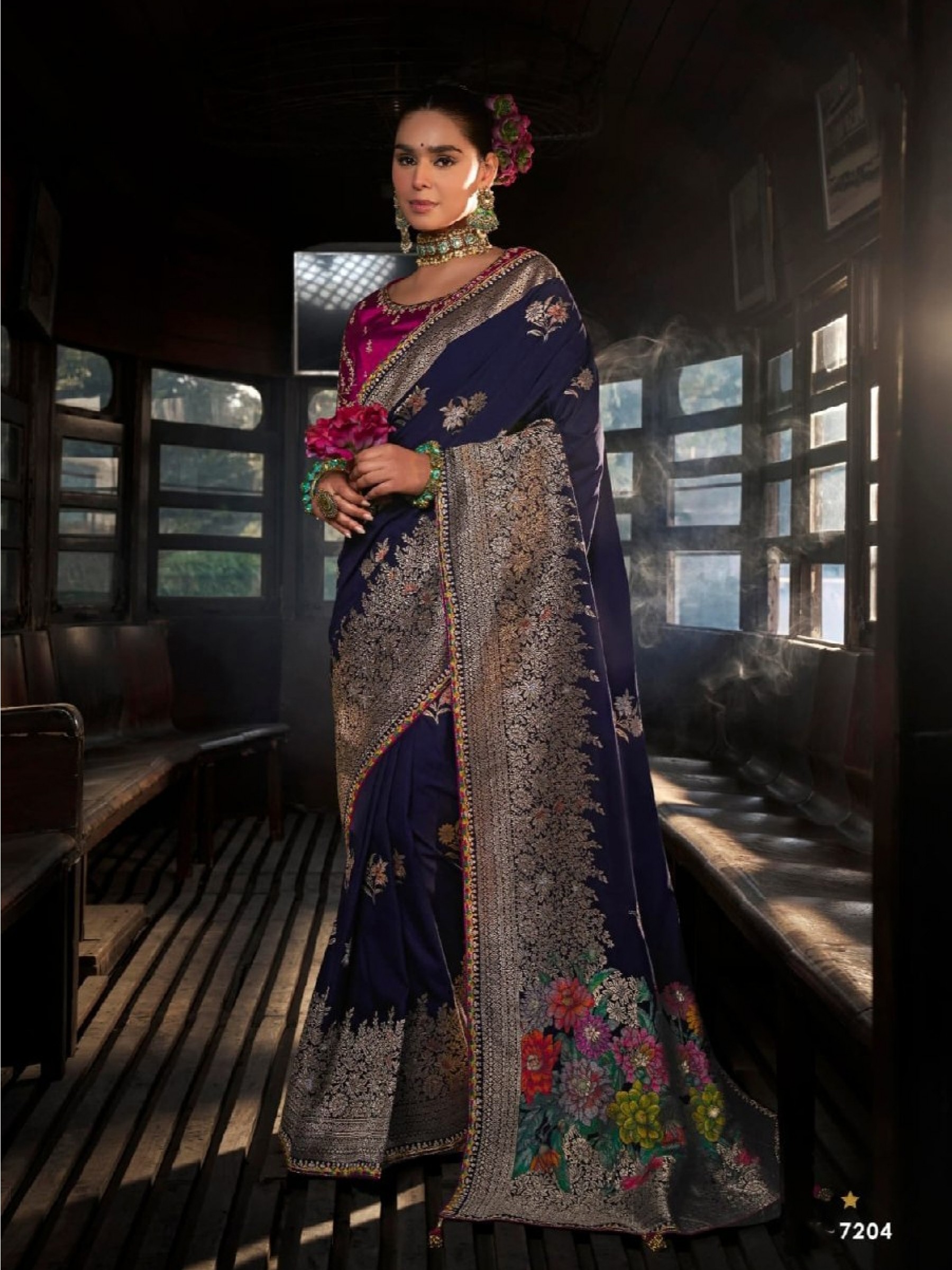 Pure Dola Silk Party wear Saree In Blue Color with Embroidery Work 