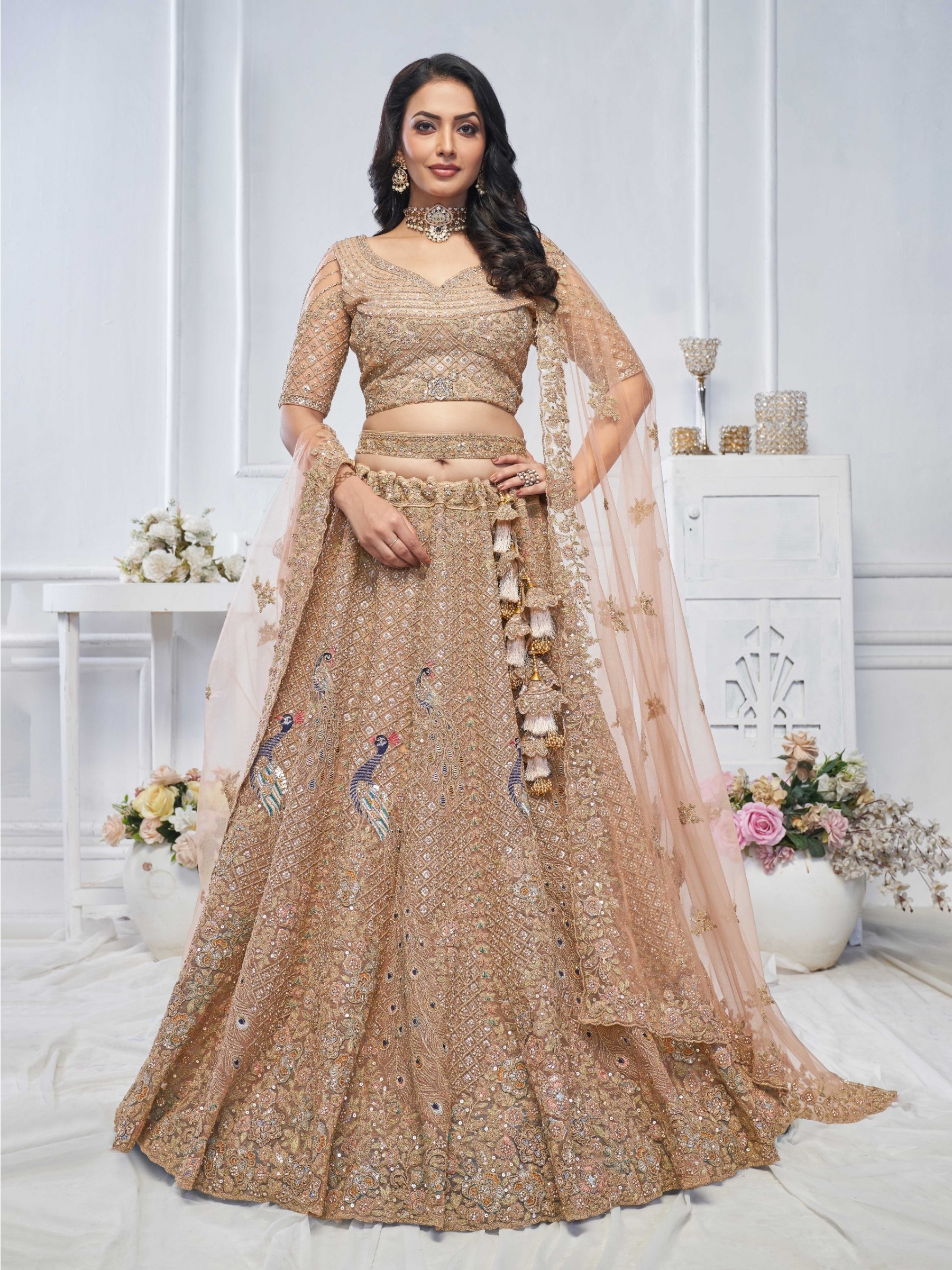 Soft Premium Net Wedding Wear Lehenga In Green Color With Embroidery Work