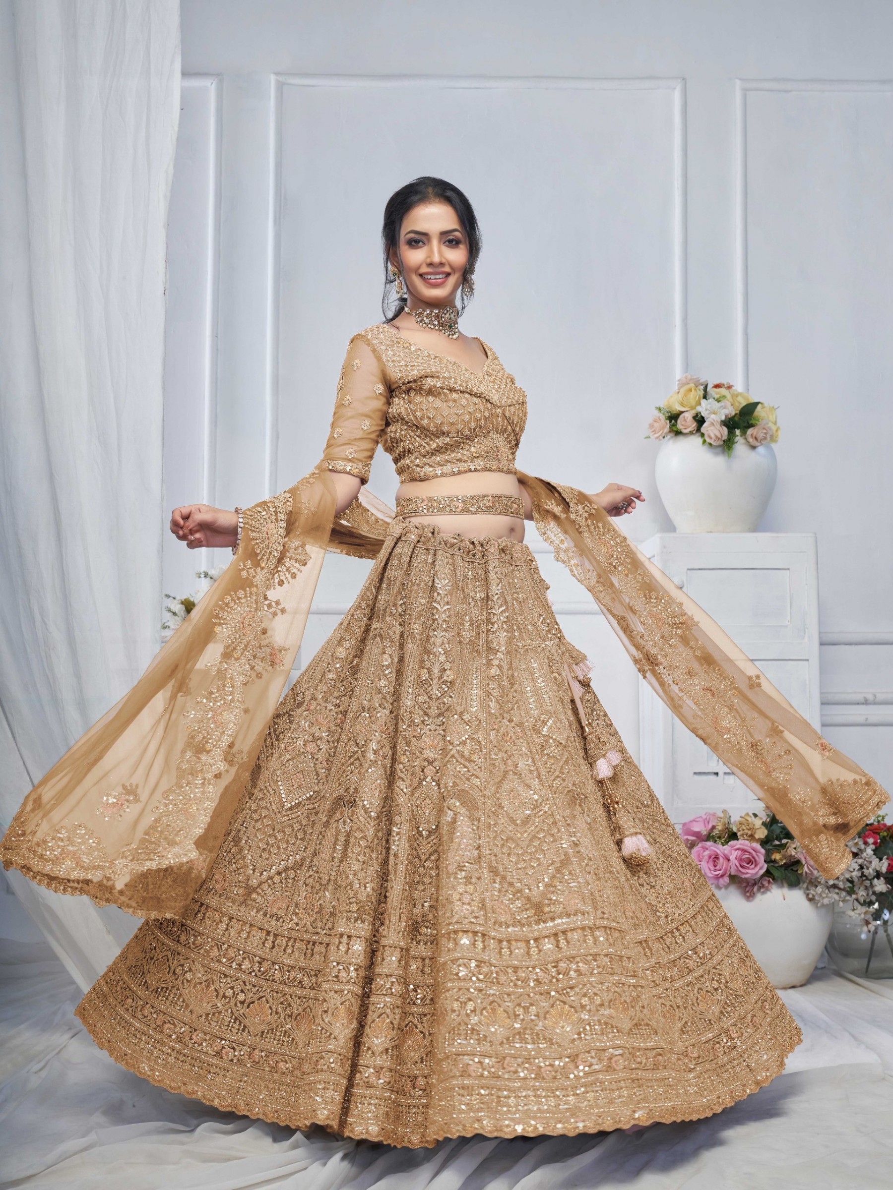 Soft Premium Net Wedding Wear Lehenga In Golden Color With Embroidery Work