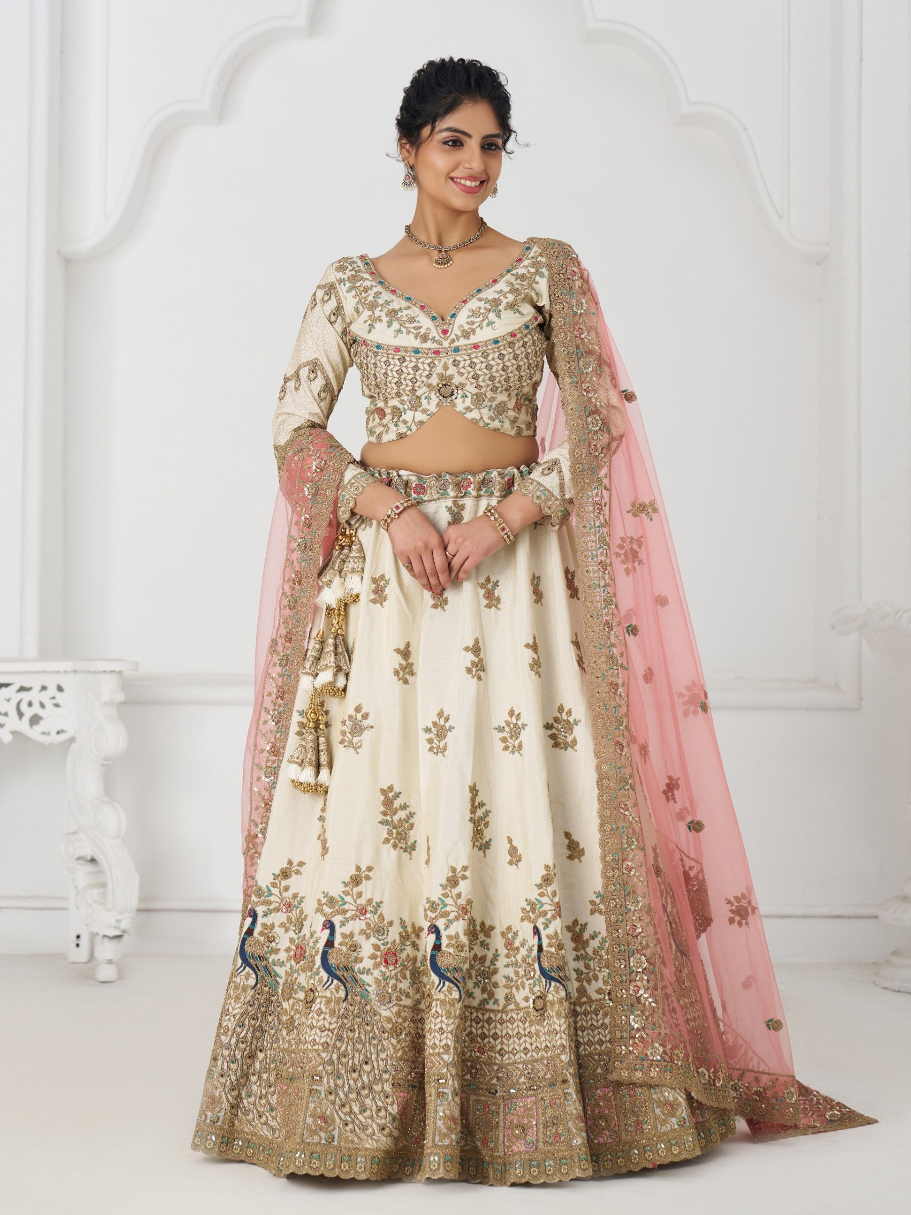 Pure Natural Silk Wedding Wear Lehenga In White Color With Embroidery Work