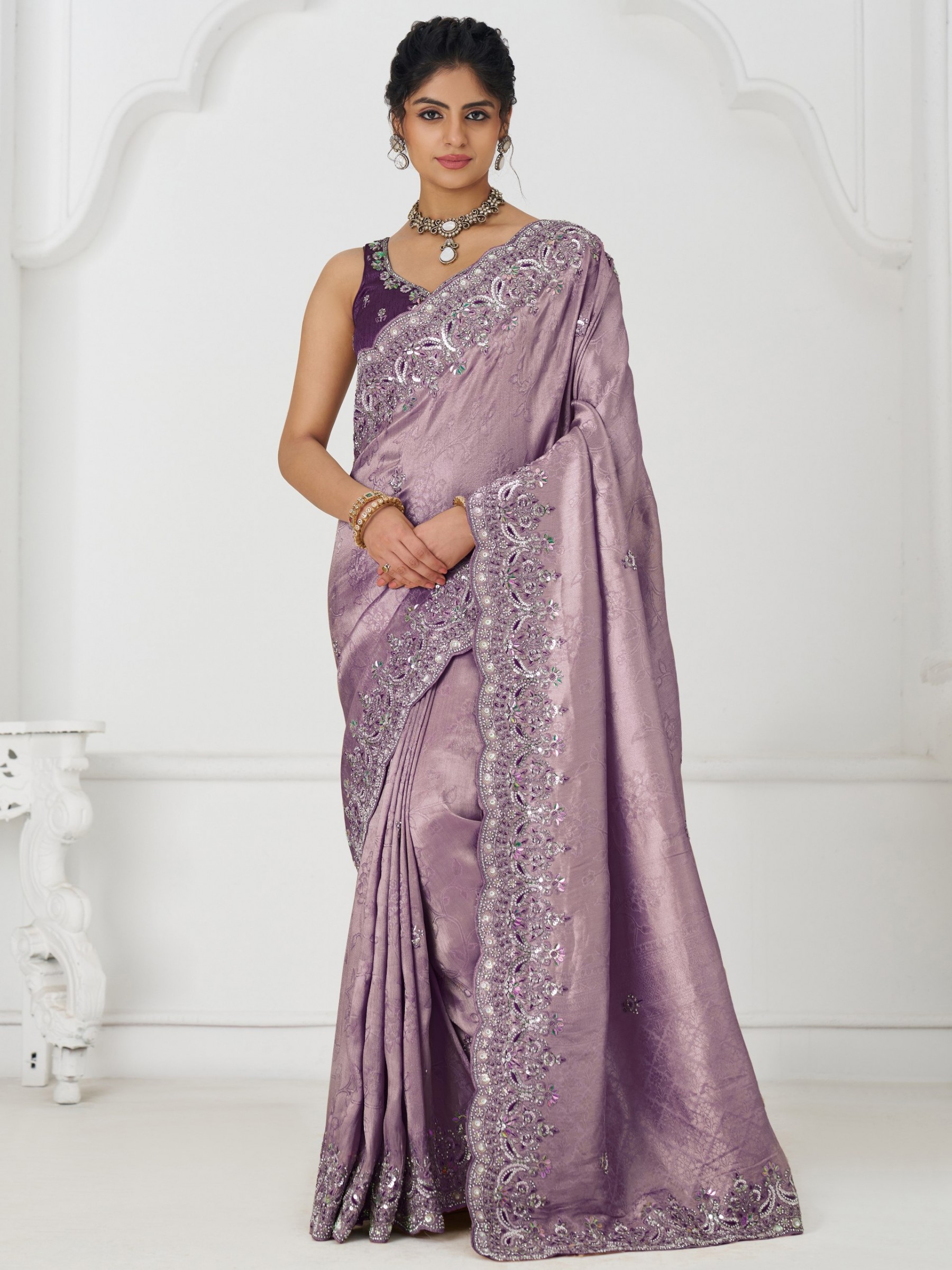Pure Dola Silk Saree Wedding Wear Saree In Mauve Color With Embroidery Work