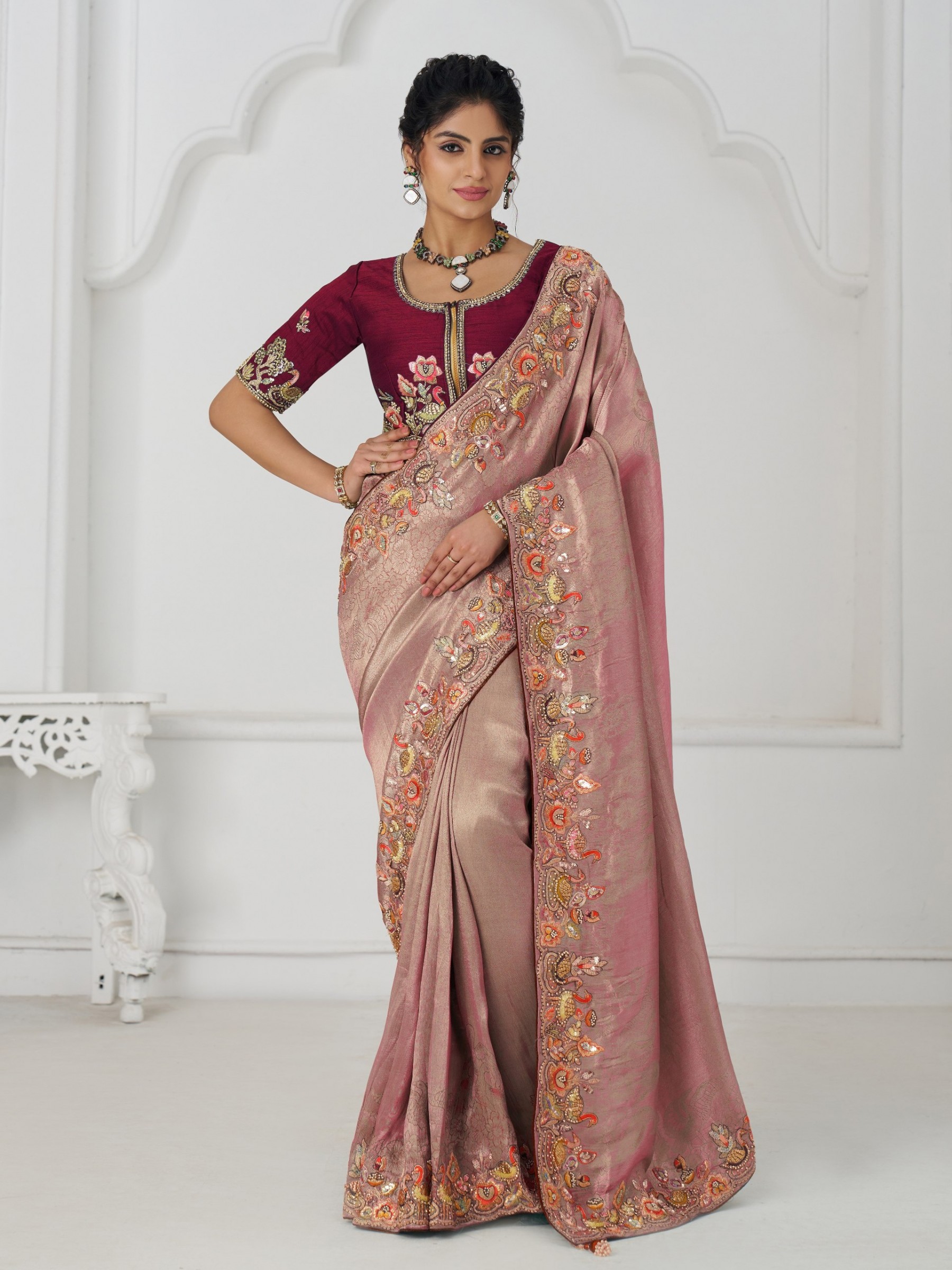 Pure Dola Silk Saree Wedding Wear Saree In Pink Color With Embroidery Work