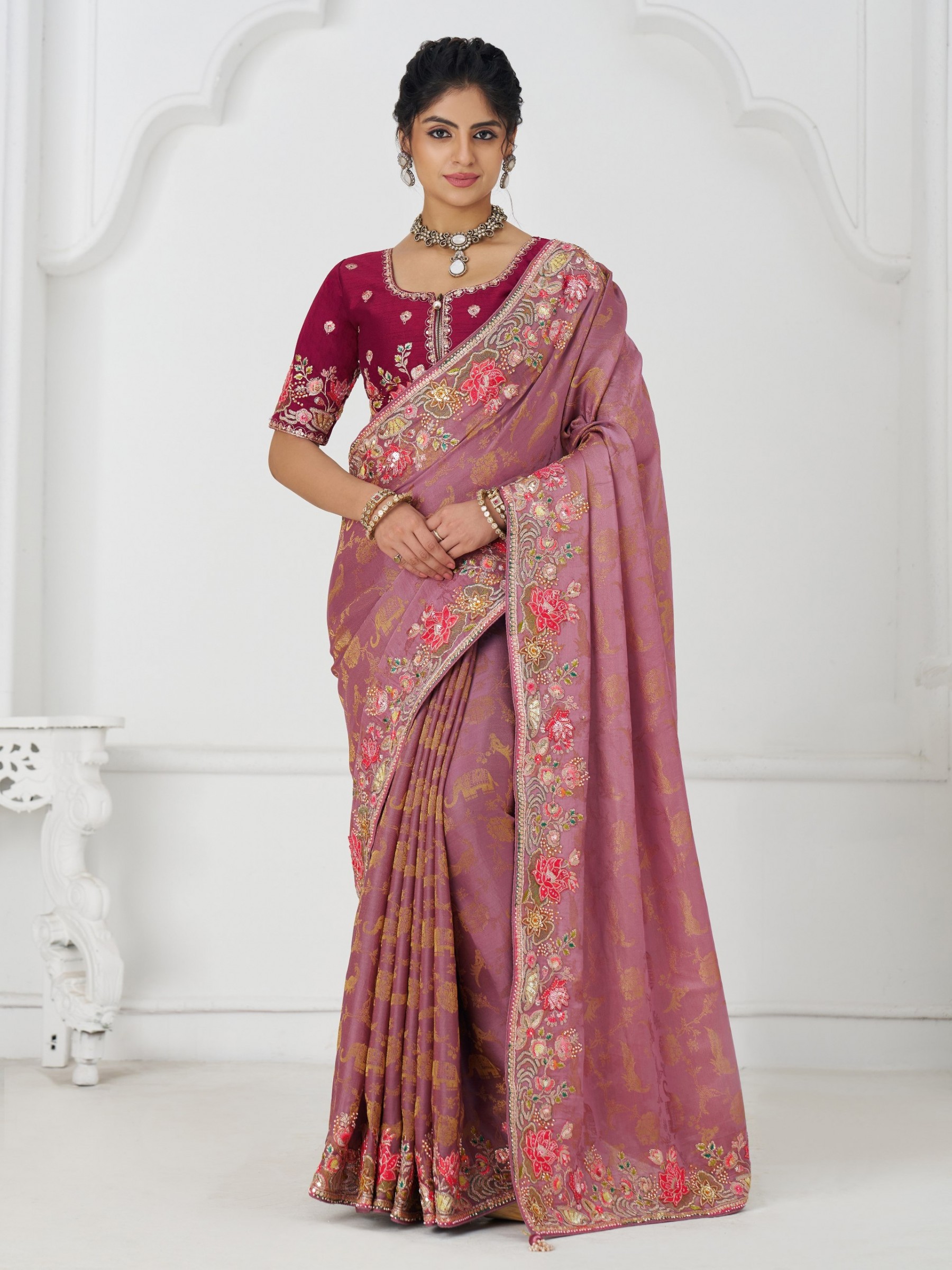 Pure Dola Silk Saree Wedding Wear Saree In Pink Color With Embroidery Work