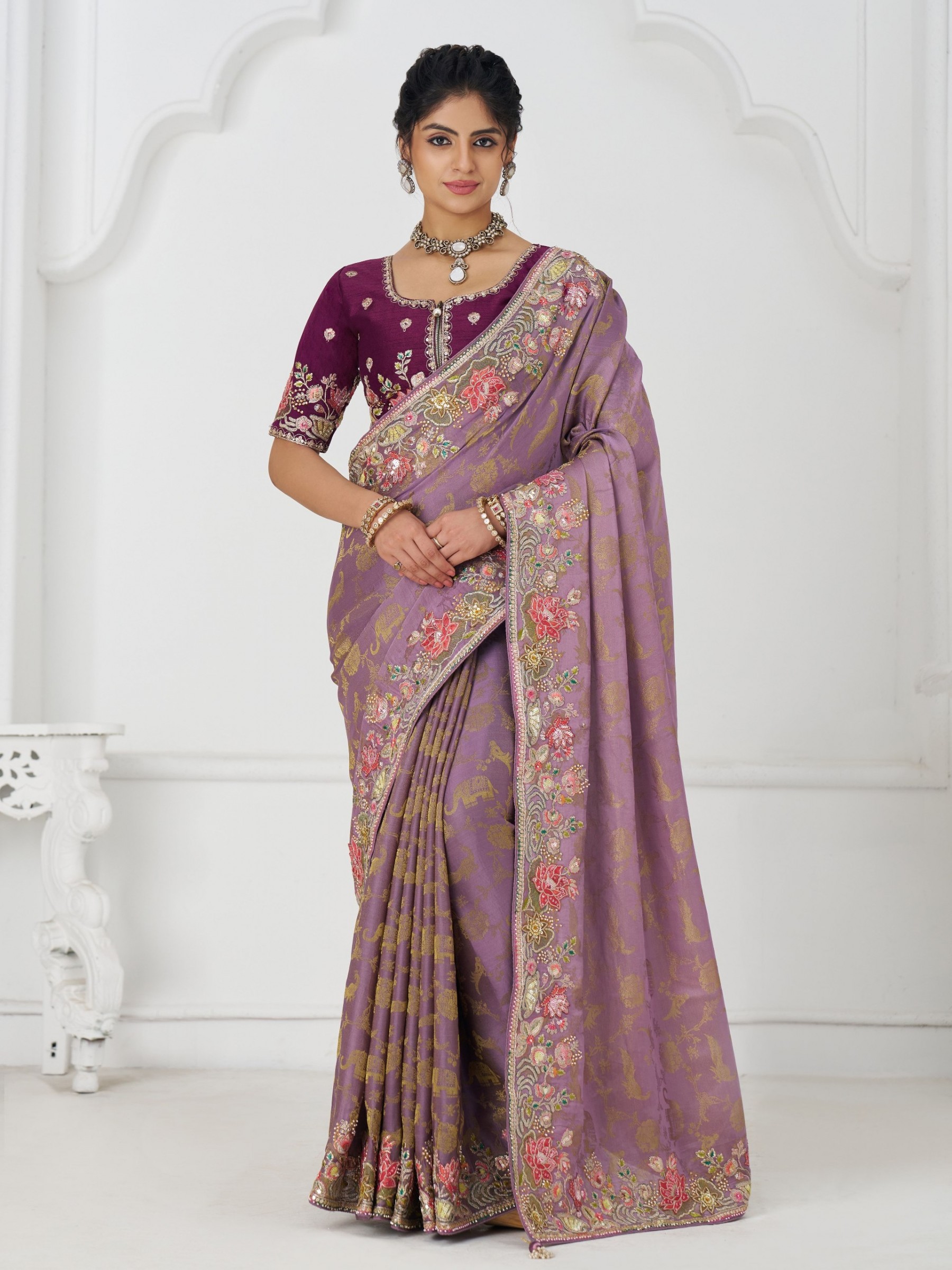 Pure Dola Silk Saree Wedding Wear Saree In Mauve Color With Embroidery Work