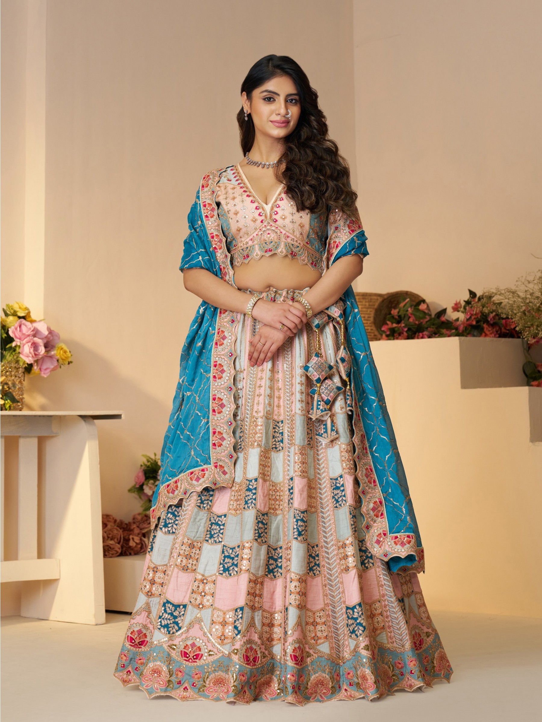 Pure Dola Silk Wedding Wear Lehenga In Sky Blue Color With Embroidery Work