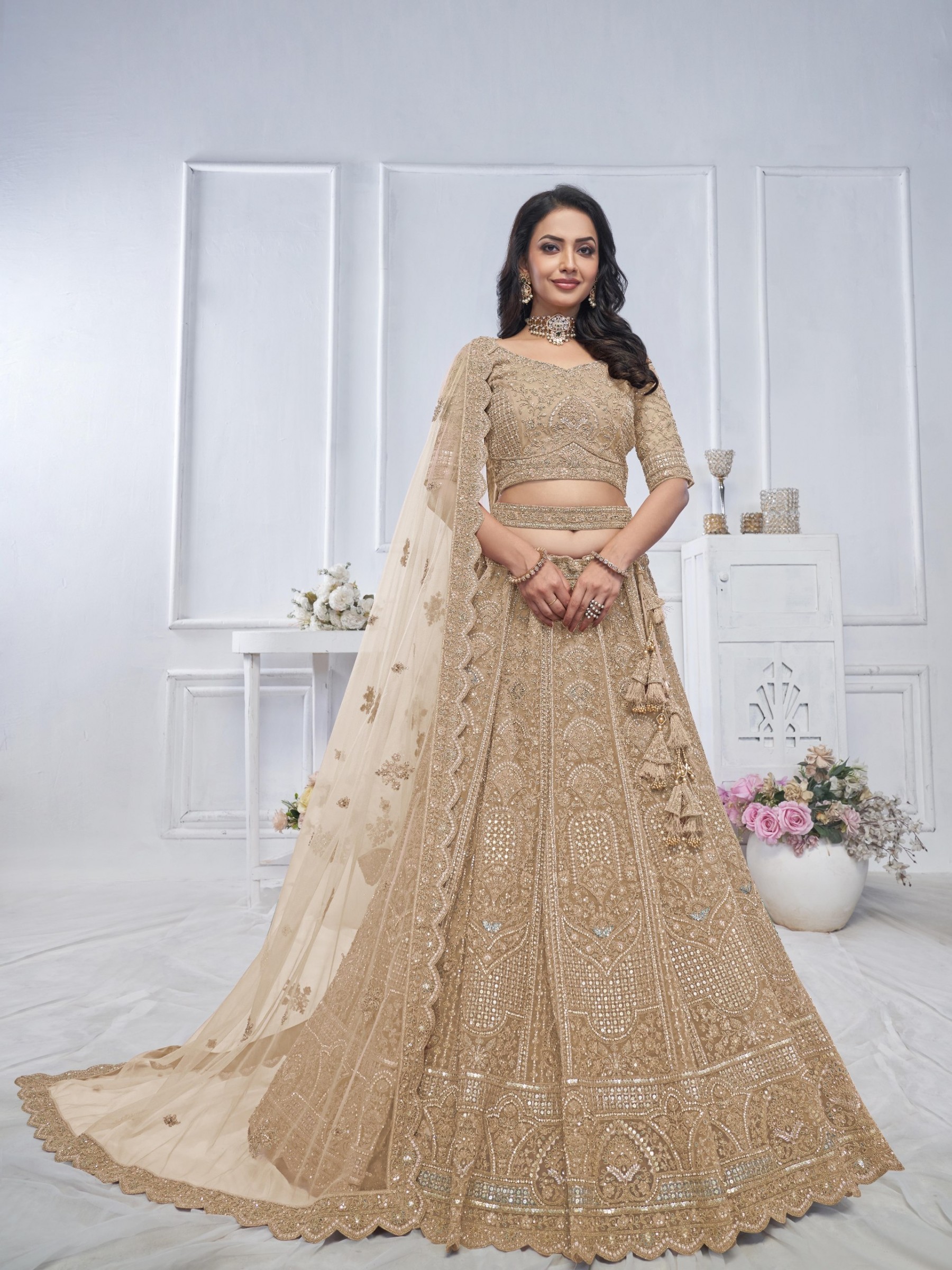 Soft Premium Net Wedding Wear Lehenga In Golden Color With Embroidery Work