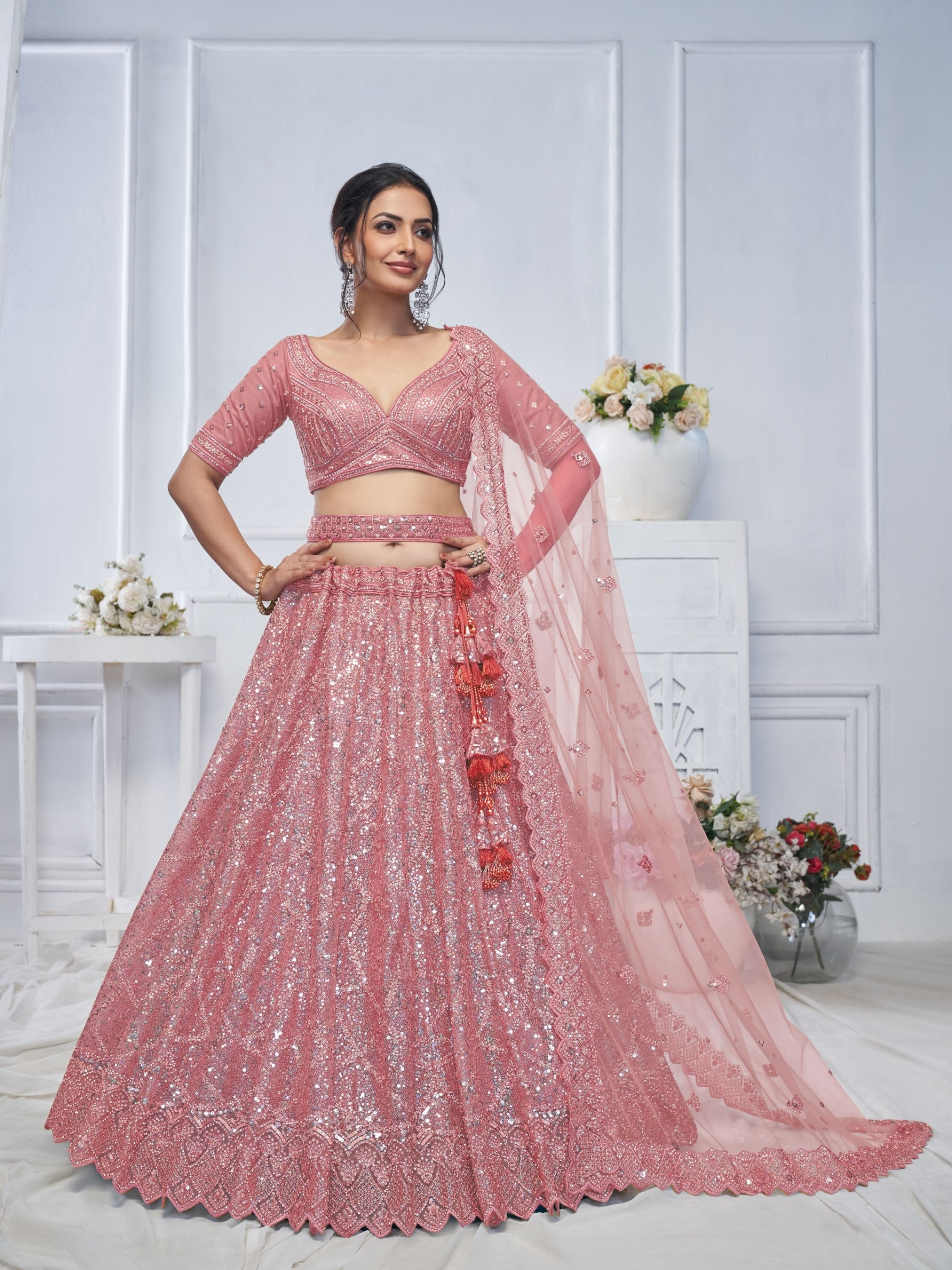 Soft Premium Net Wedding Wear Lehenga In Pink Color With Embroidery Work