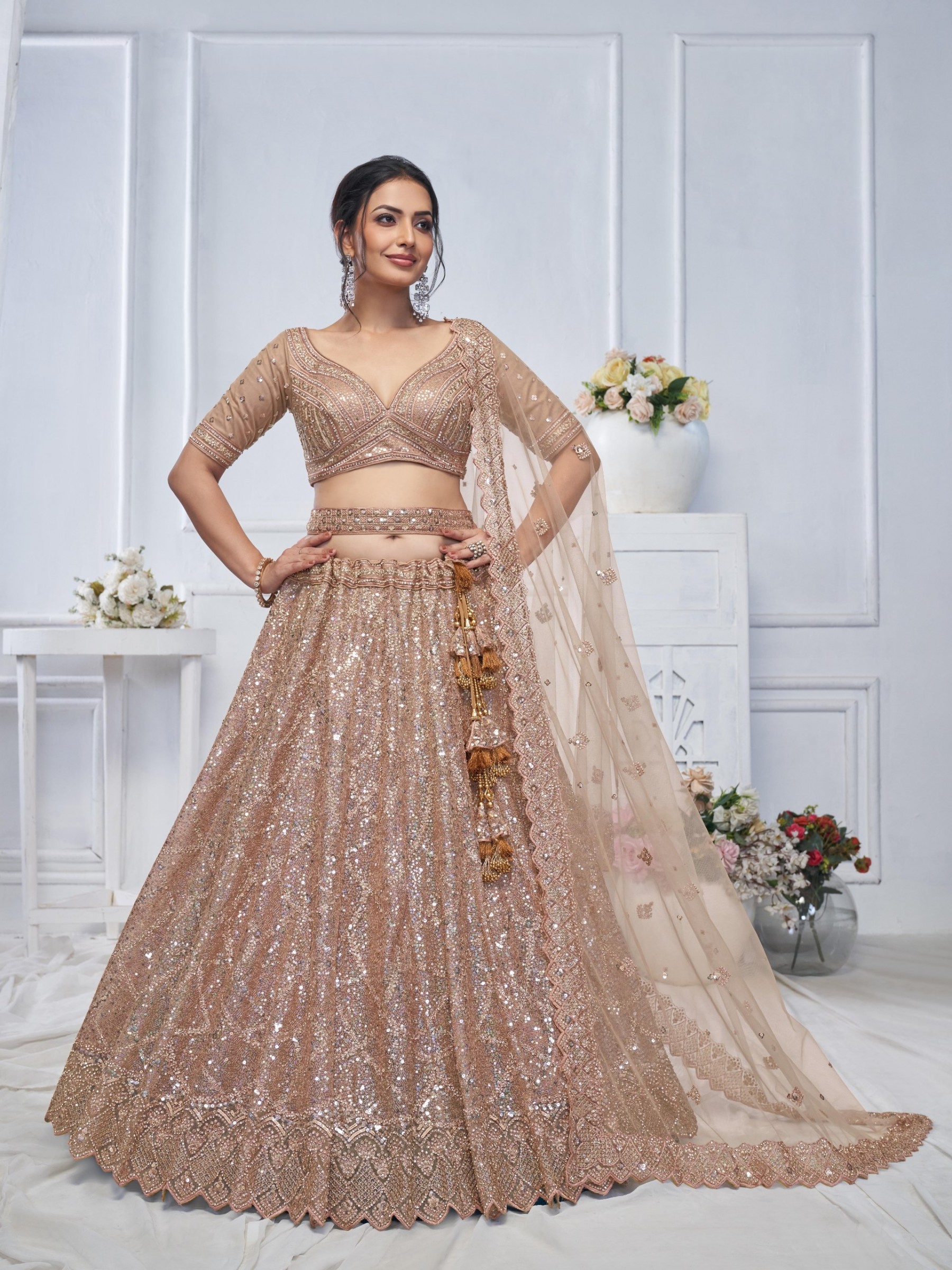 Soft Premium Net Wedding Wear Lehenga In Brown Color With Embroidery Work