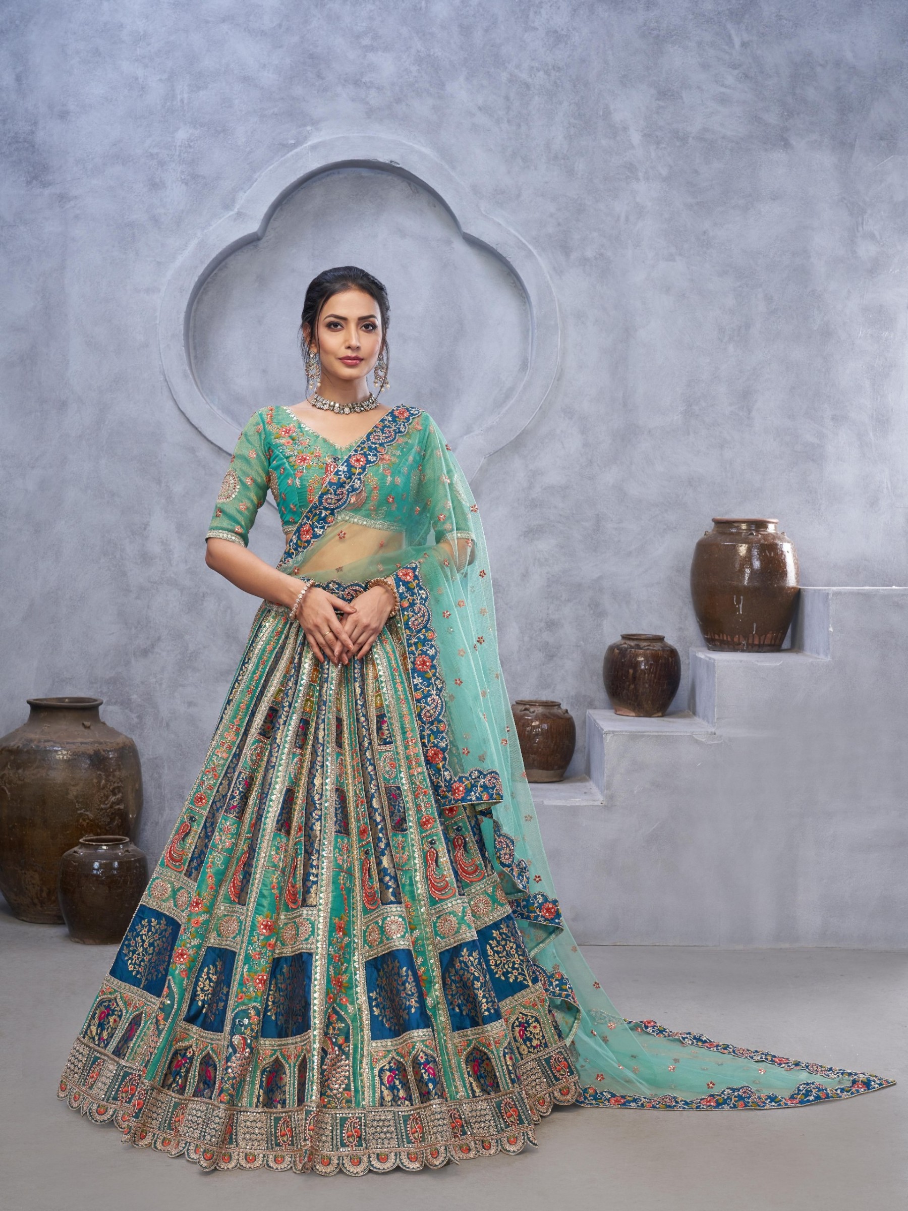 Pure Organza  Silk Wedding Wear Lehenga In Green Color With Embroidery Work