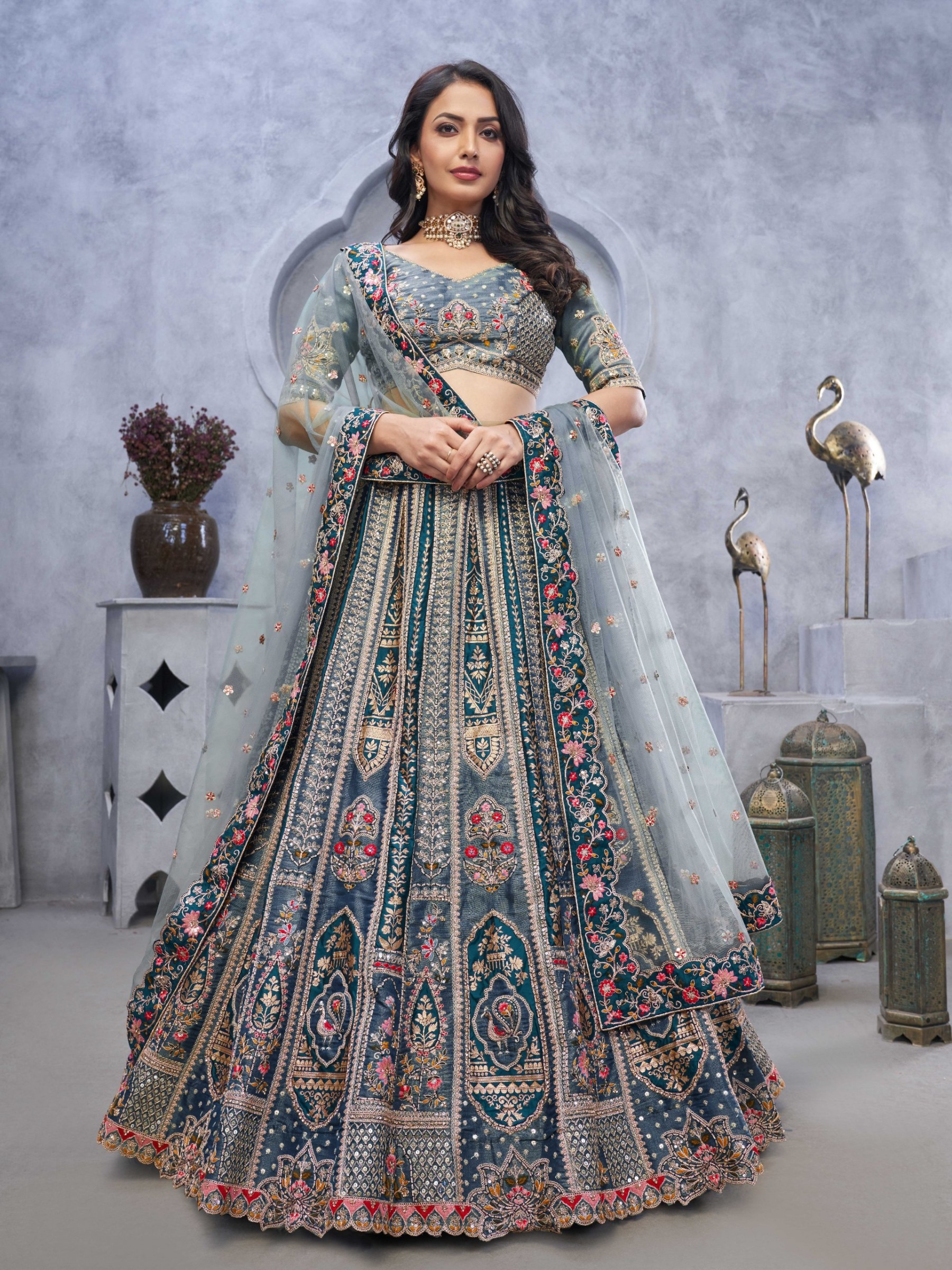Pure Organza  Silk Wedding Wear Lehenga In Grey Color With Embroidery Work