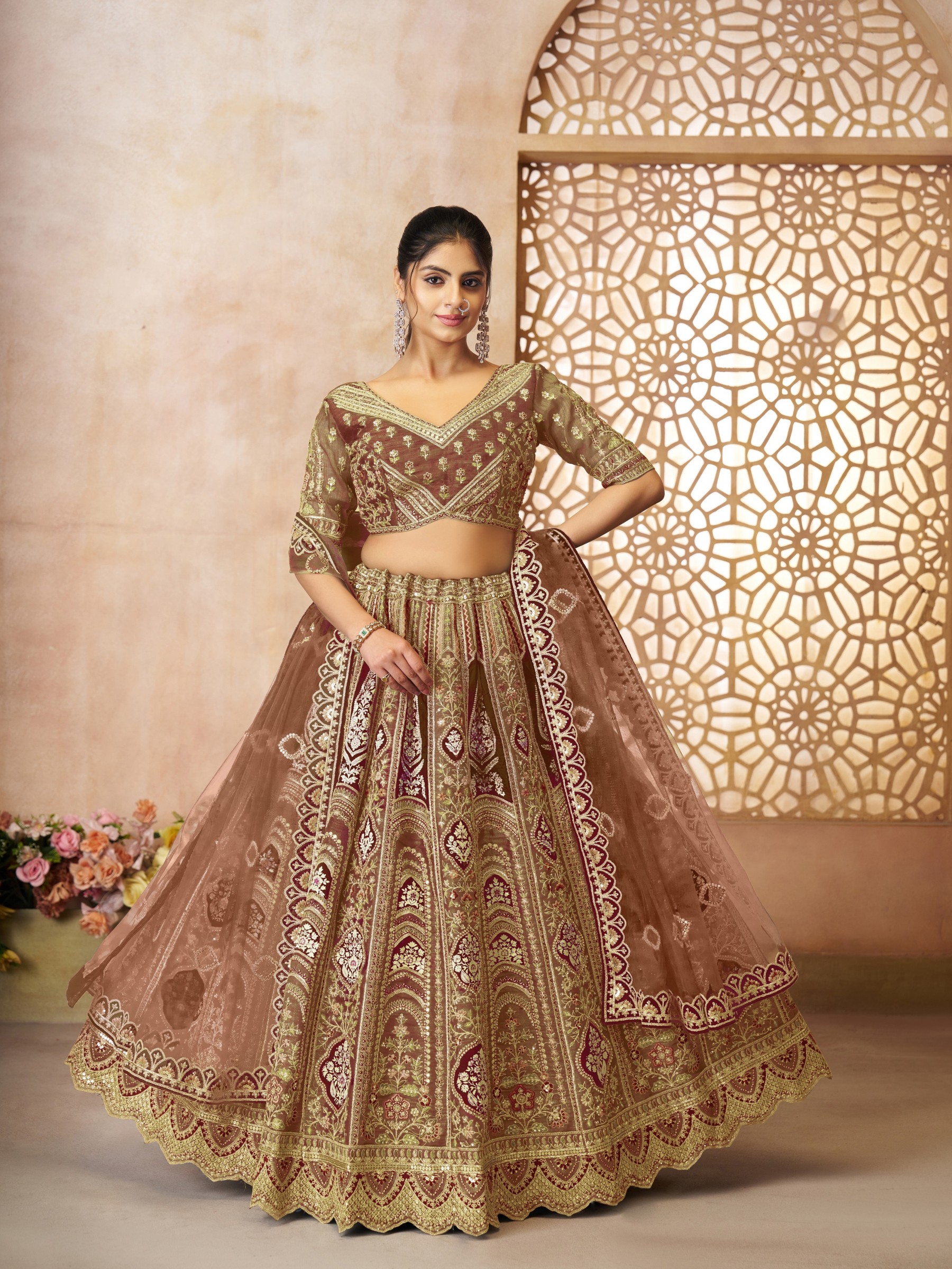 Pure Banarasi Silk Wedding Wear Lehenga In Coffee Color With Embroidery Work
