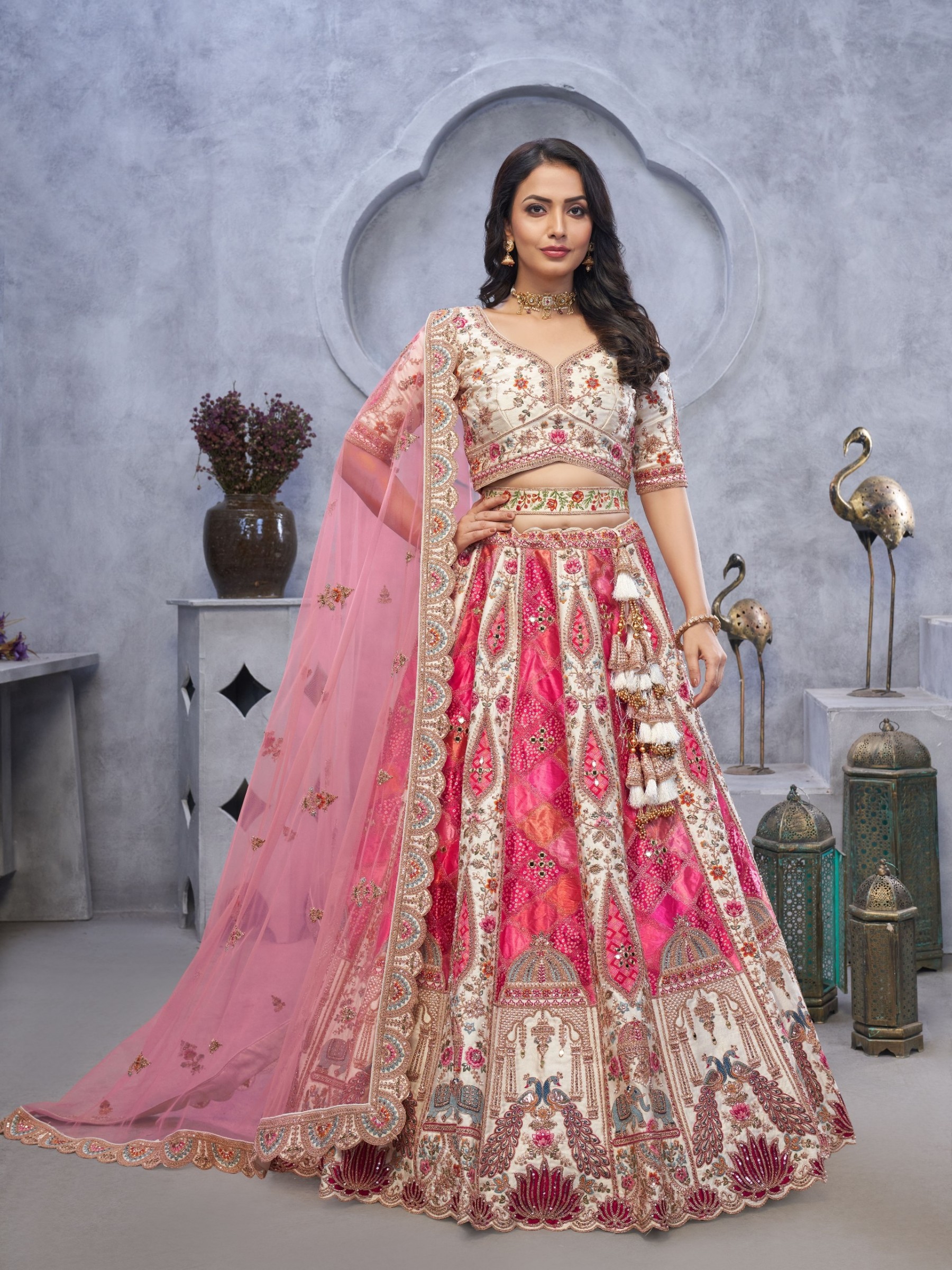 Pure Organza Silk Wedding Wear Lehenga In Pink & Cream  Color With Embroidery Work