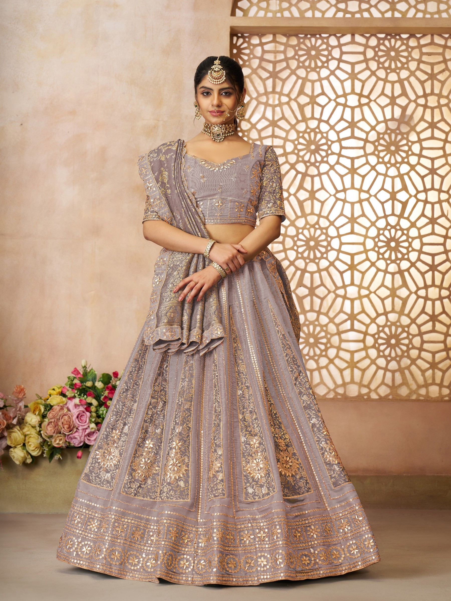 Bridal Net Silk Wedding Wear Lehenga In Onion Color With Embroidery Work