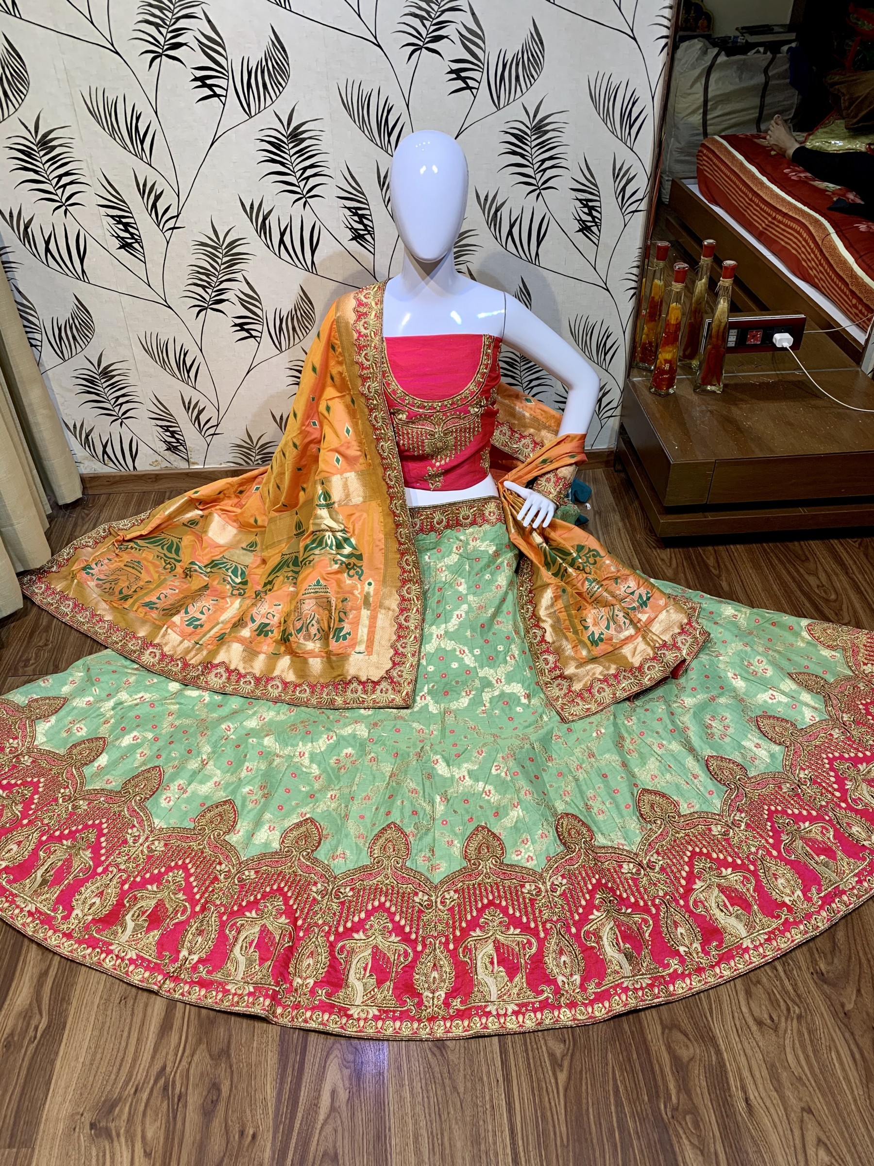 Pure Banarasi Silk Wear Lehenga In Sea Green Color with Embroidery & Pearl Work 