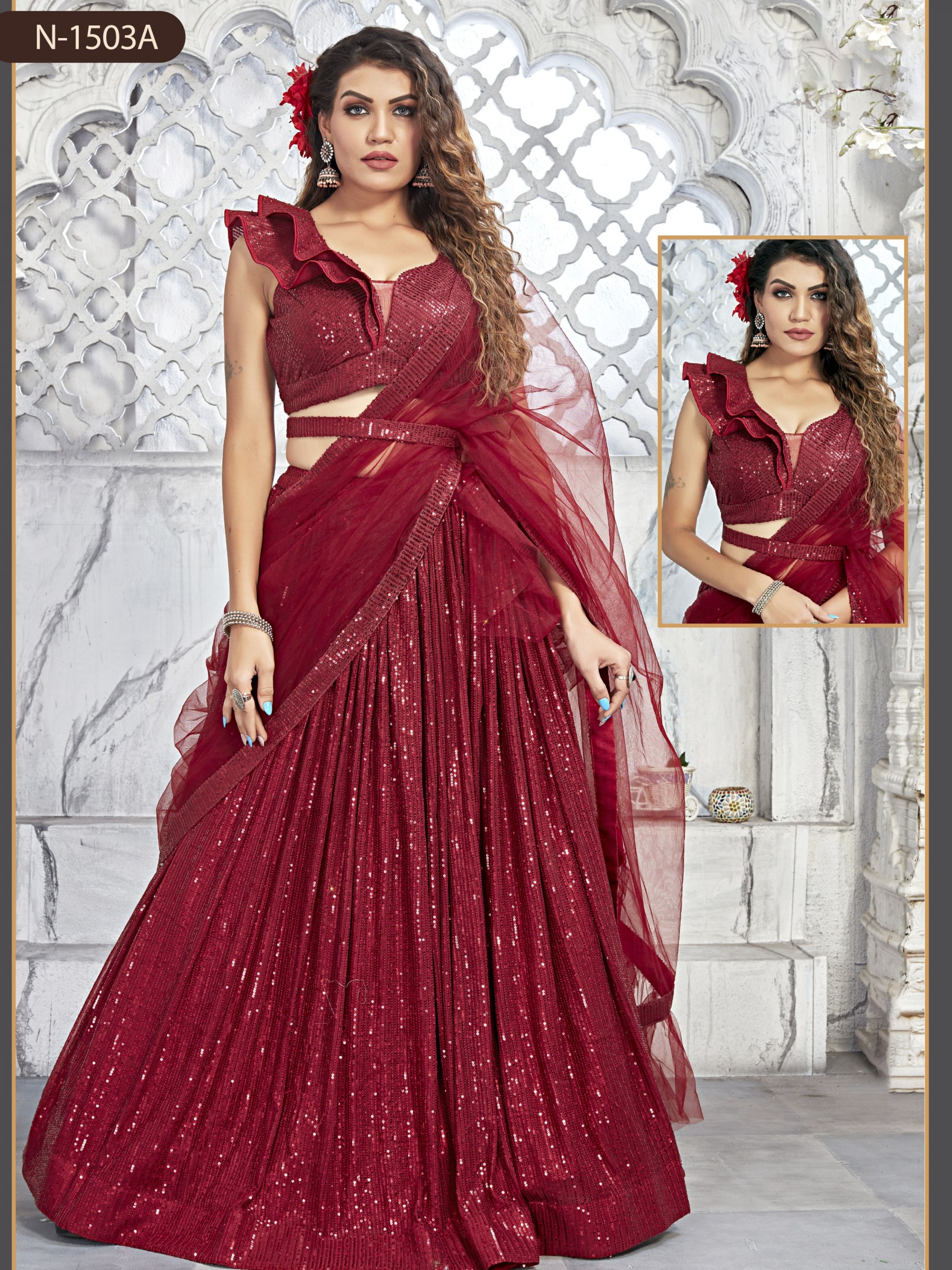 Soft Premium Net Fabrics Party Wear Lehenga in Red Color With Embroidery Work 