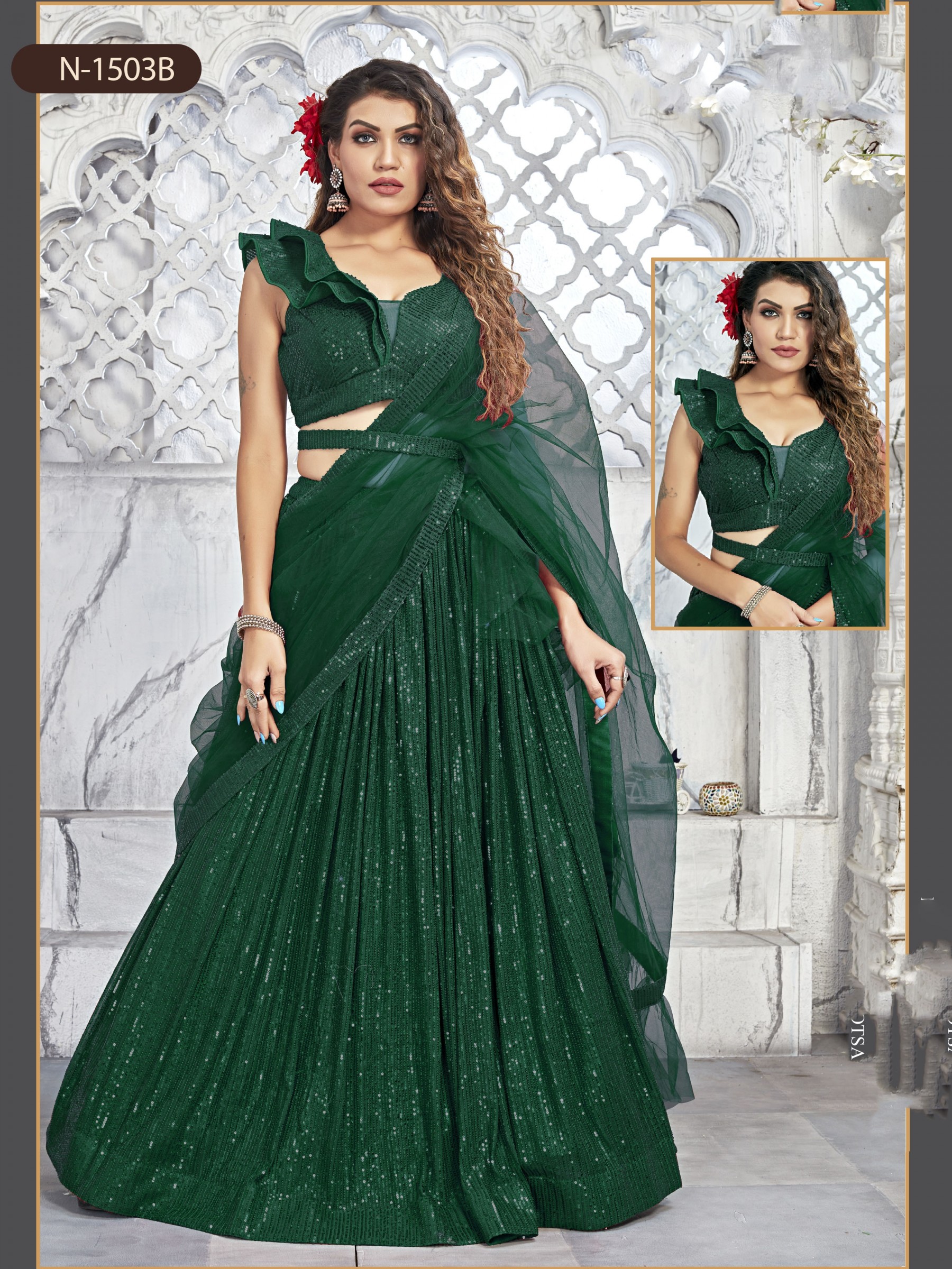 Soft Premium Net Fabrics Party Wear Lehenga in Green Color With Embroidery Work 