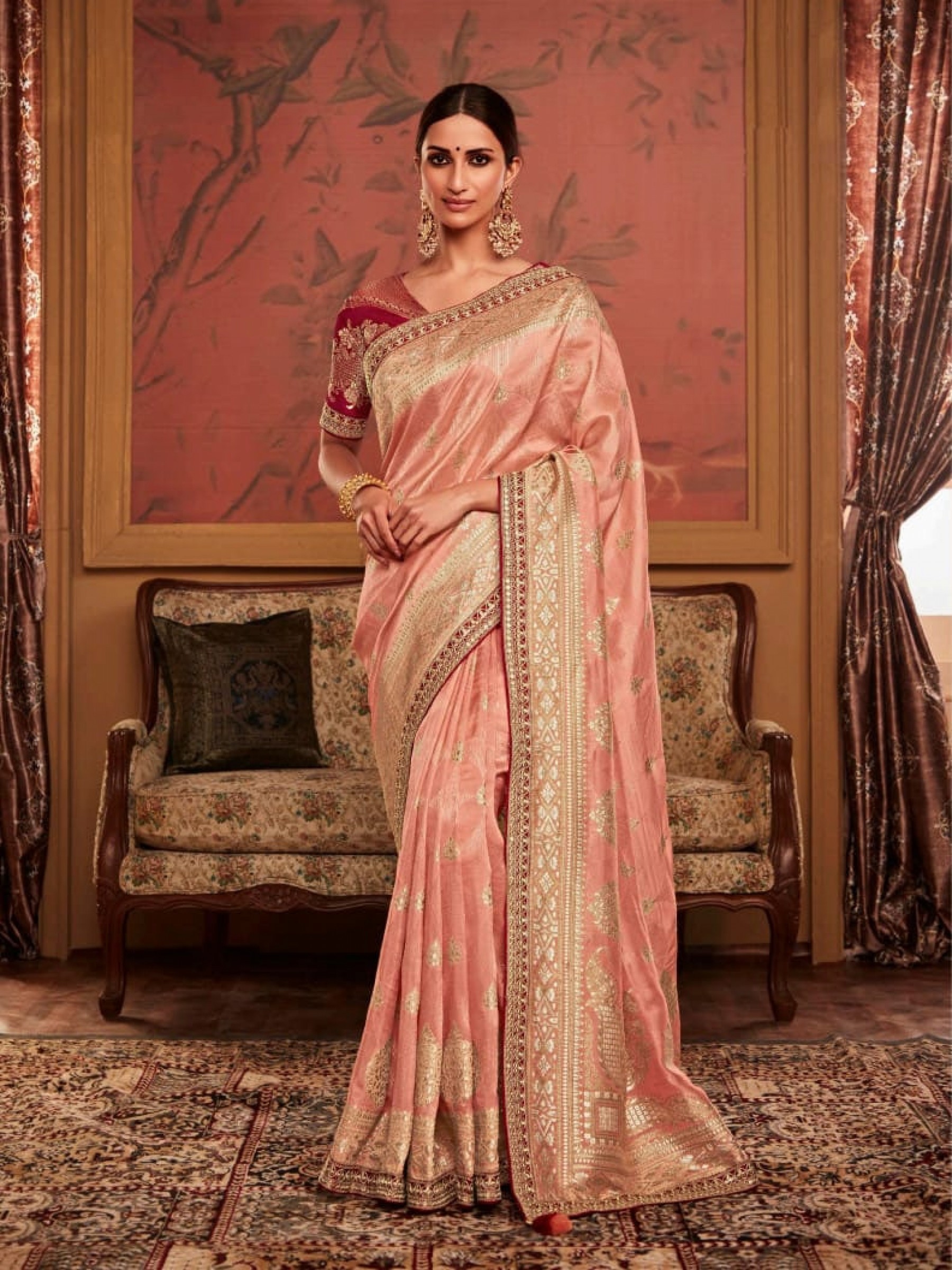 Pure Dola Silk Party Wear Saree In Peach Color With Embroidery Work 