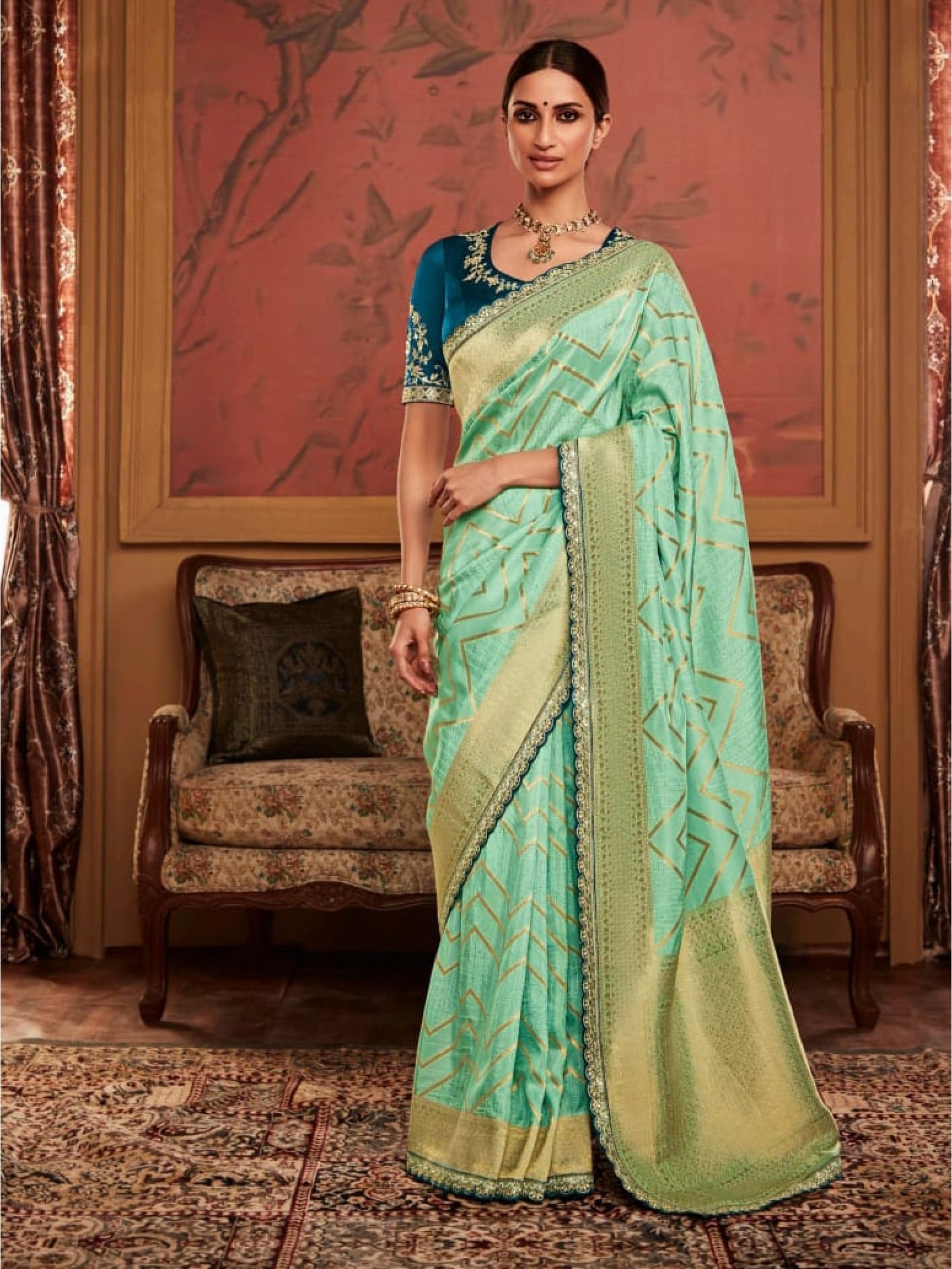 Pure Dola Silk Party Wear Saree In Turquoise Color With Embroidery Work 