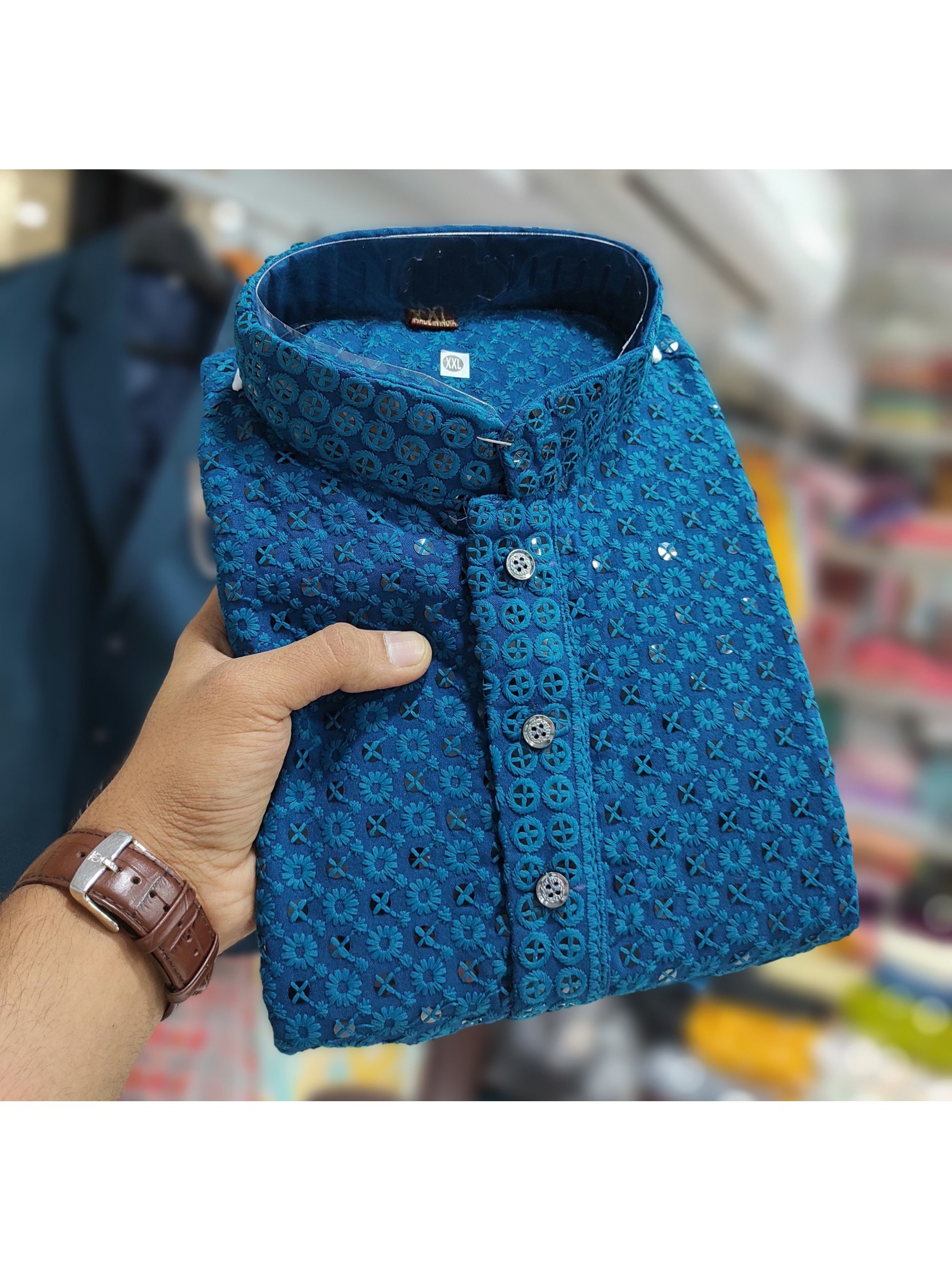 Rayon Silk Readymade Kurta set in with Blue Color Lucknowi with Sequence