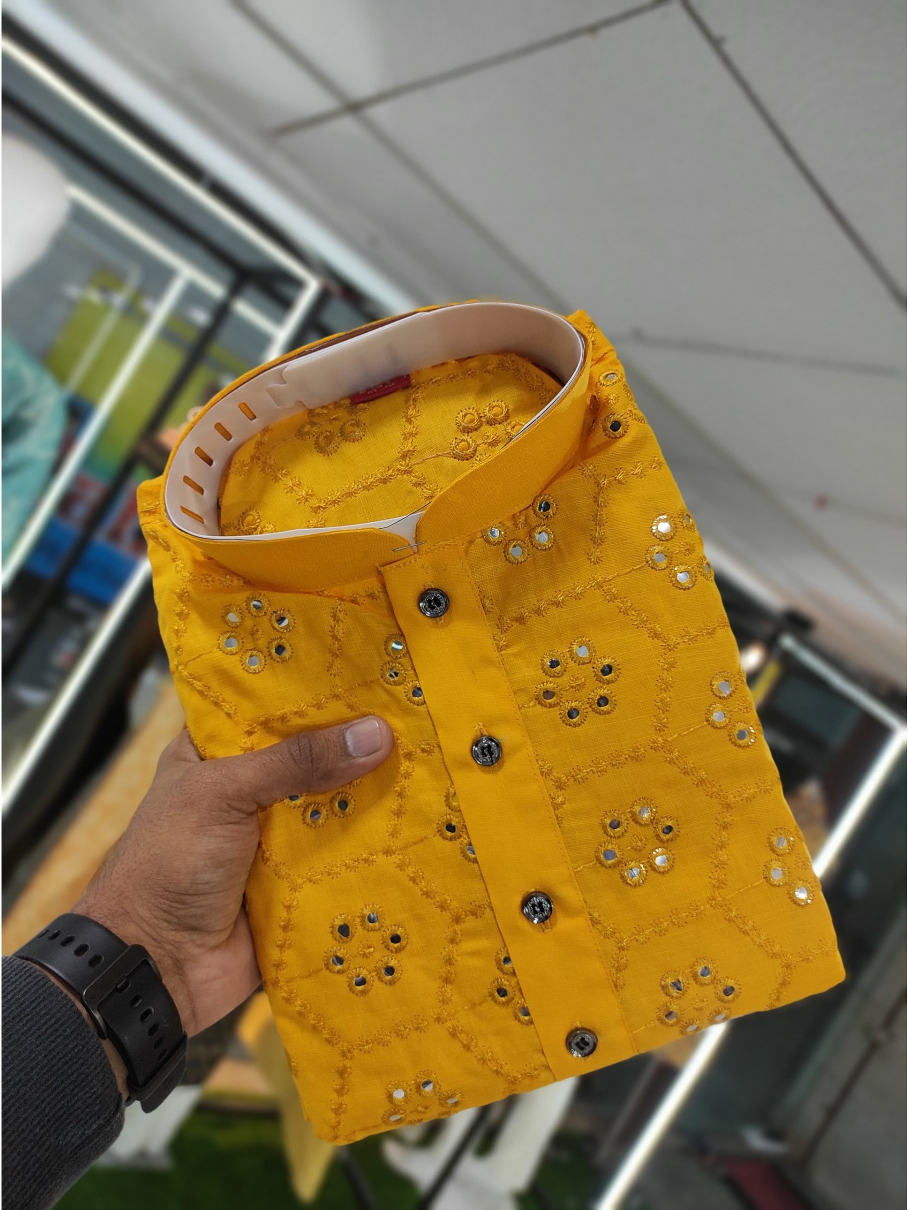 Soft Cotton Readymade Kurta set in with Yellow Color Embroidery with Sequence