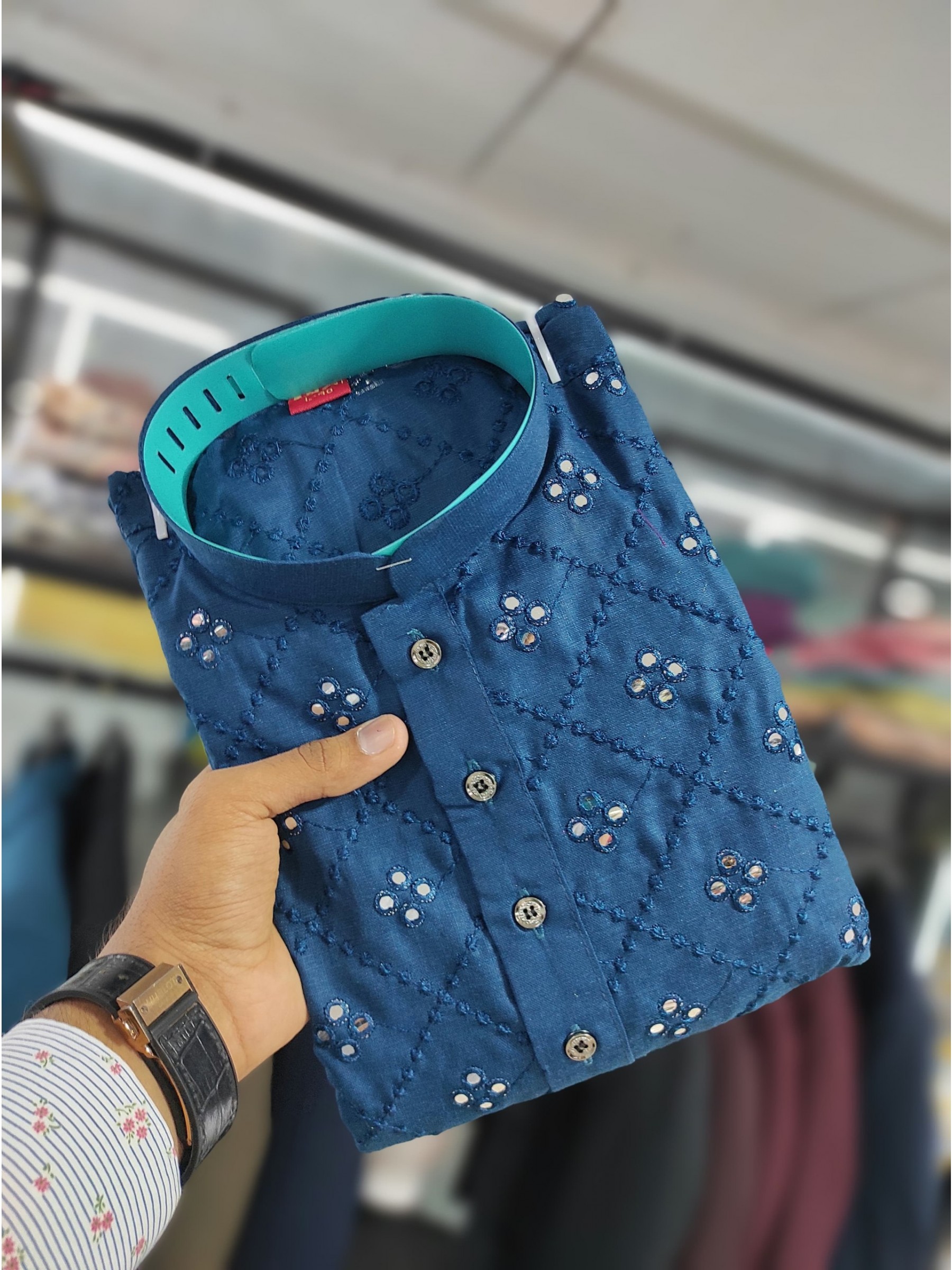 Soft Cotton Readymade Kurta set in with Blue Color Embroidery with Mirror Work 
