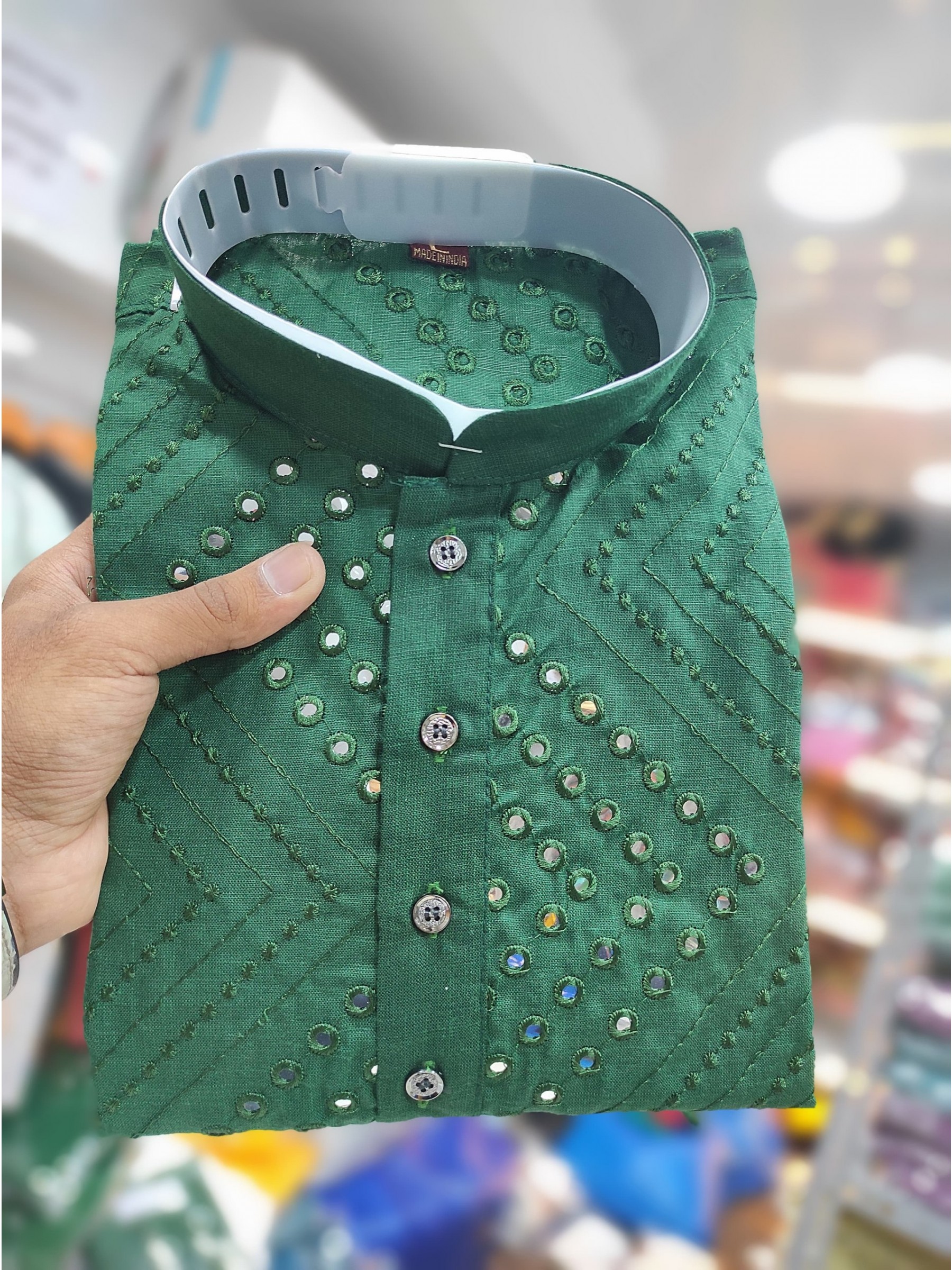 Soft Cotton Readymade Kurta set in with Green Color Embroidery with Mirror Work 