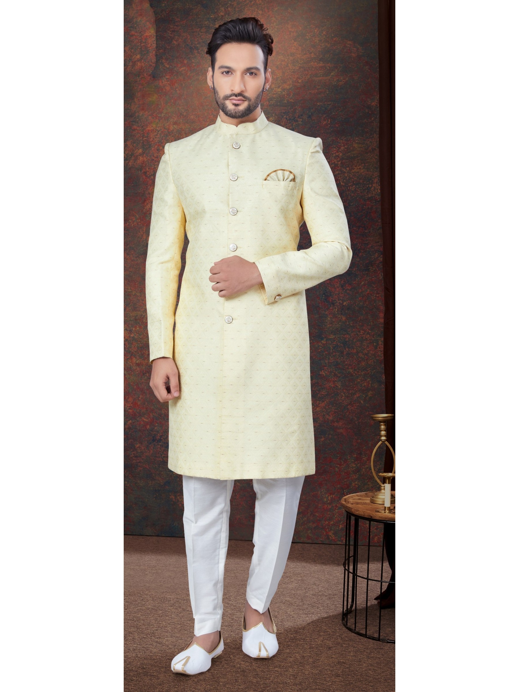 Jacquard IndoWestern Ready Made Dress in Gold Color  
