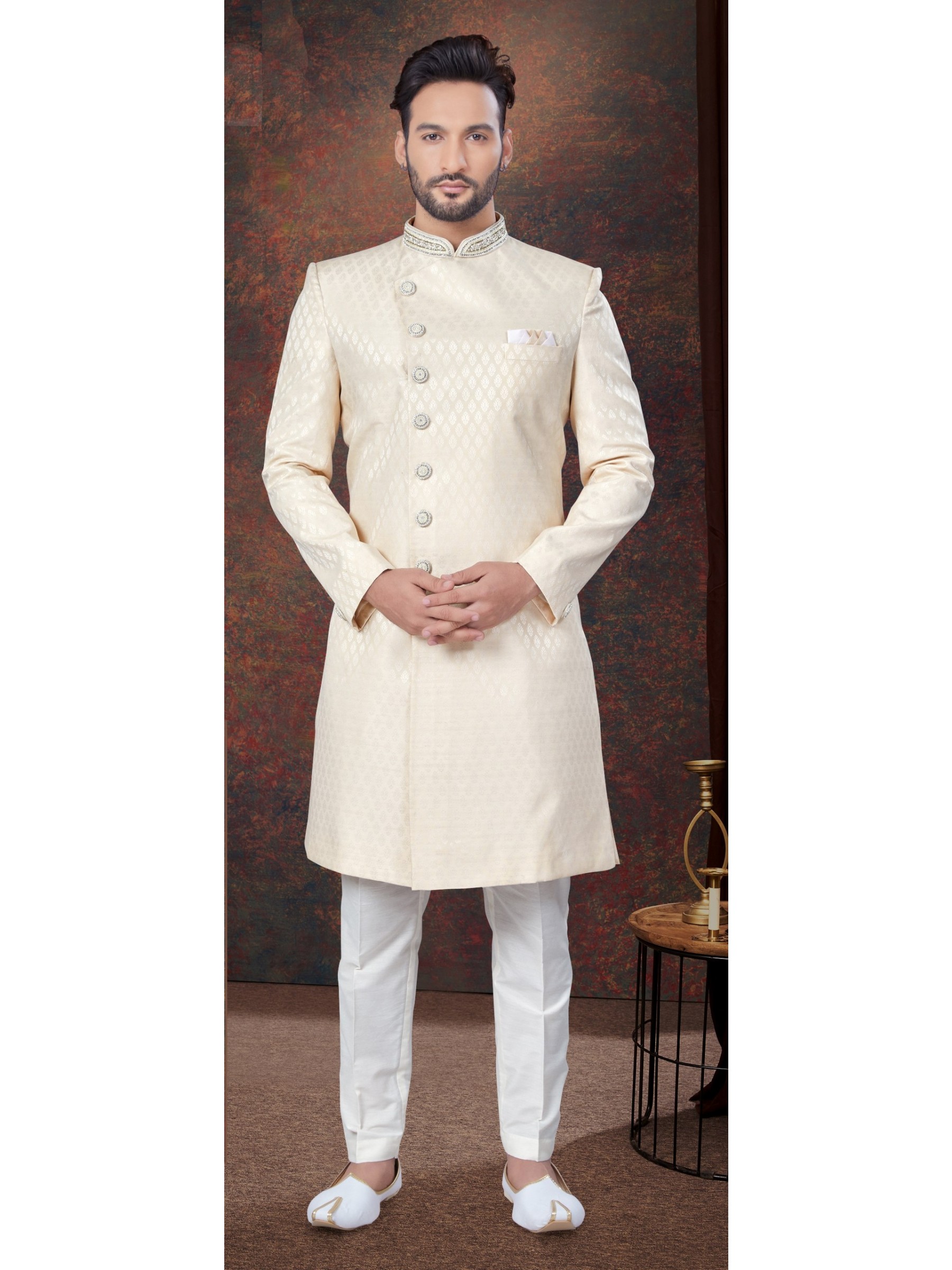 Jacquard IndoWestern Ready Made Dress in Cream Color  
